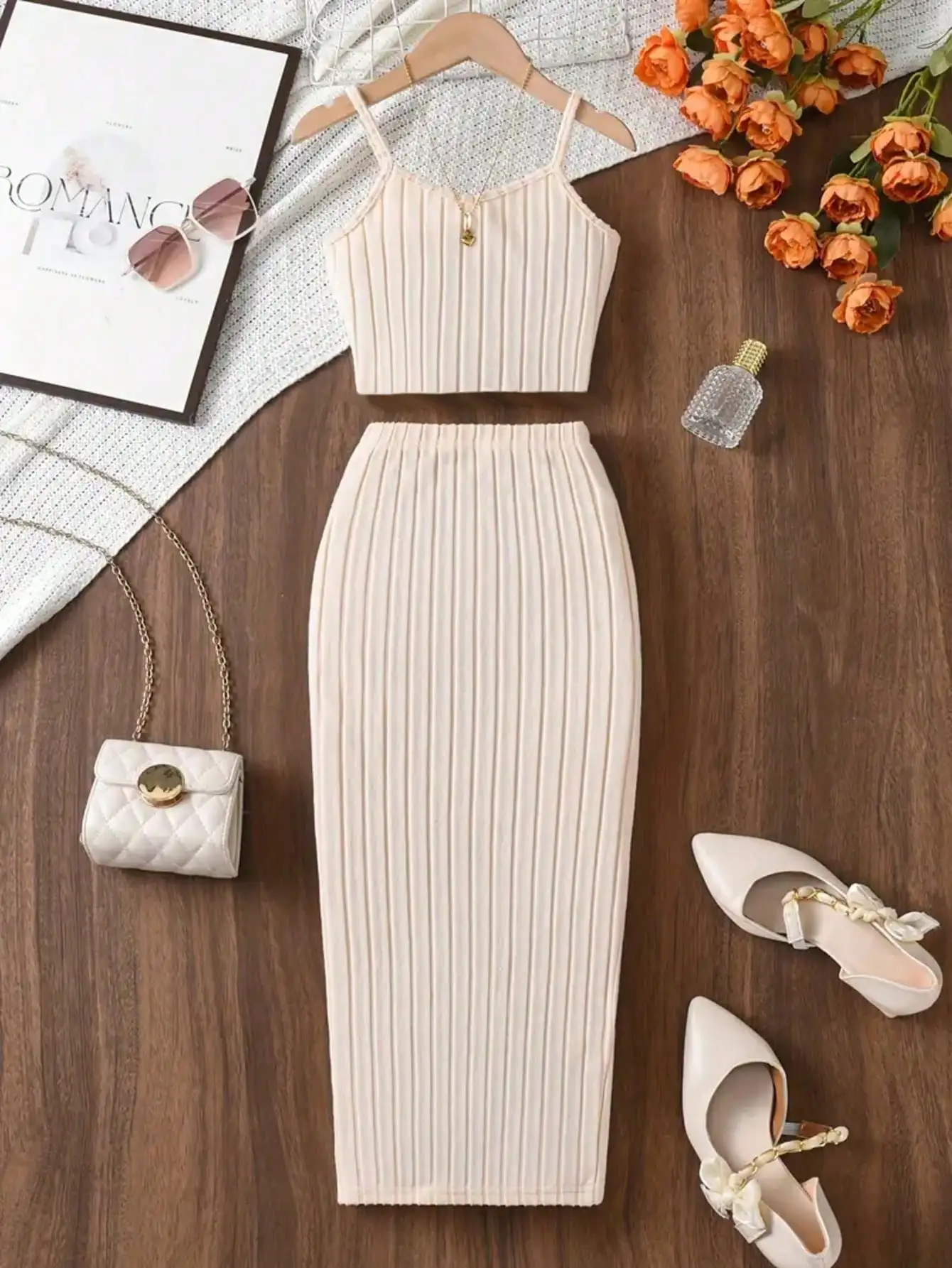 Elegant solid color knitted off shoulder dress set, strapless top paired with straight leg pants, suitable for young girls
