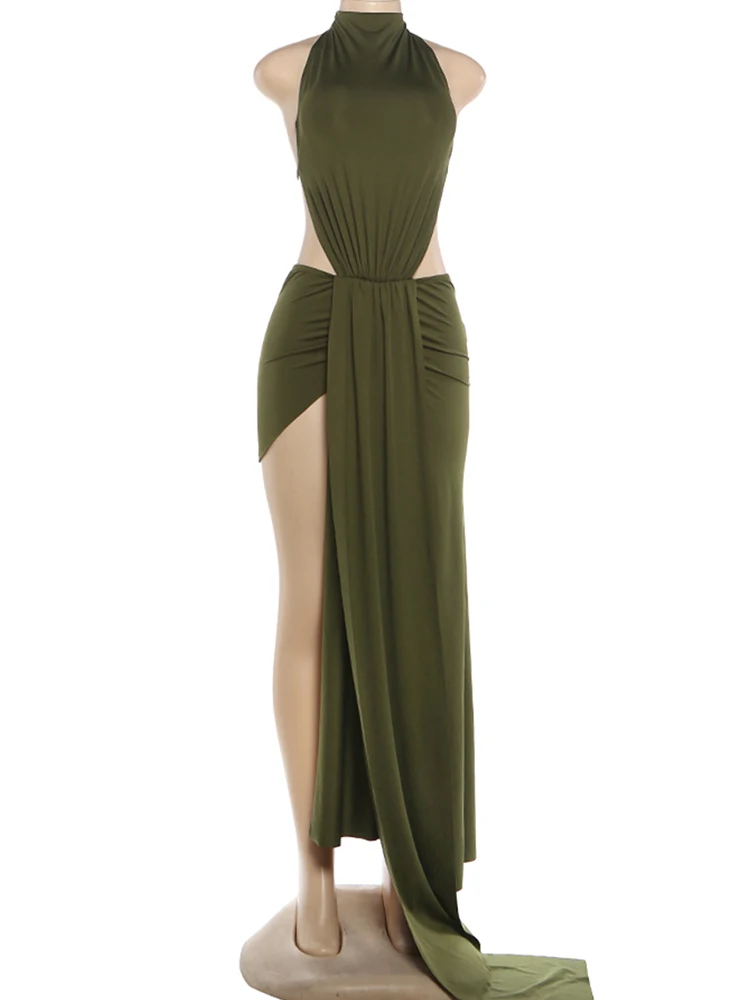 Kliou Side Hollow Design Dress Woman Bandage Halter Backless Sleeveless Irregular High Splits Robe Vacation Elegant Long Bodycon