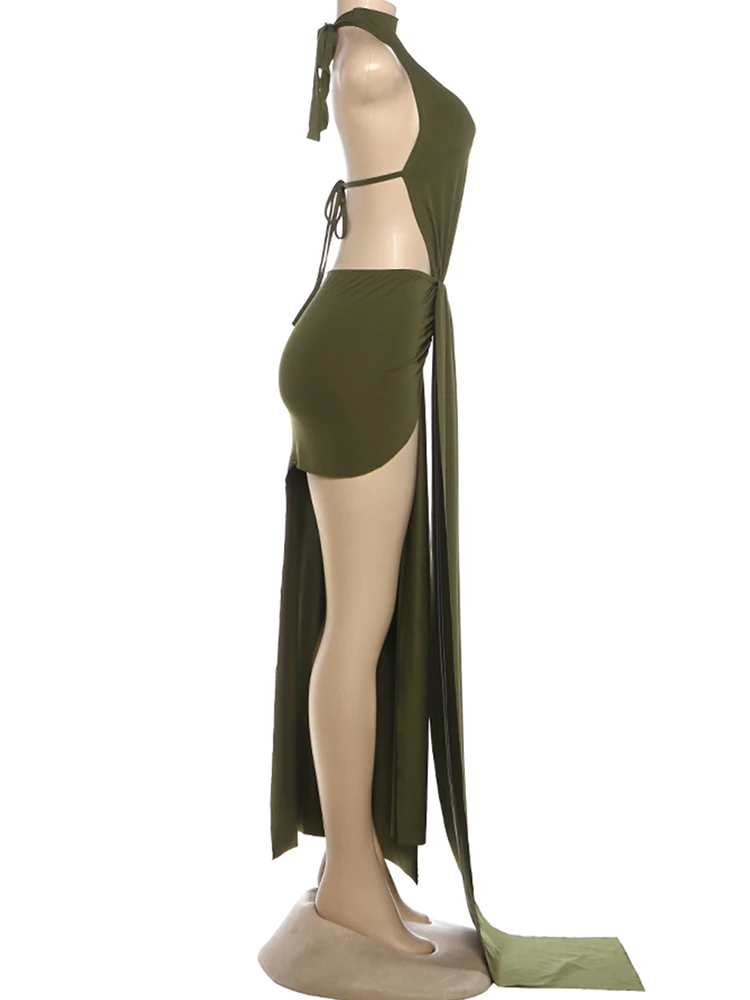 Kliou Side Hollow Design Dress Woman Bandage Halter Backless Sleeveless Irregular High Splits Robe Vacation Elegant Long Bodycon