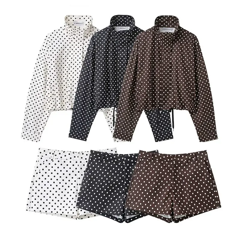 HH Polka Dot Shorts Sets For Women 2026 Trend Outfits Long Sleeve Zipper Turtleneck Jacket Coat Spring Woman Elegant 2 Piece Set