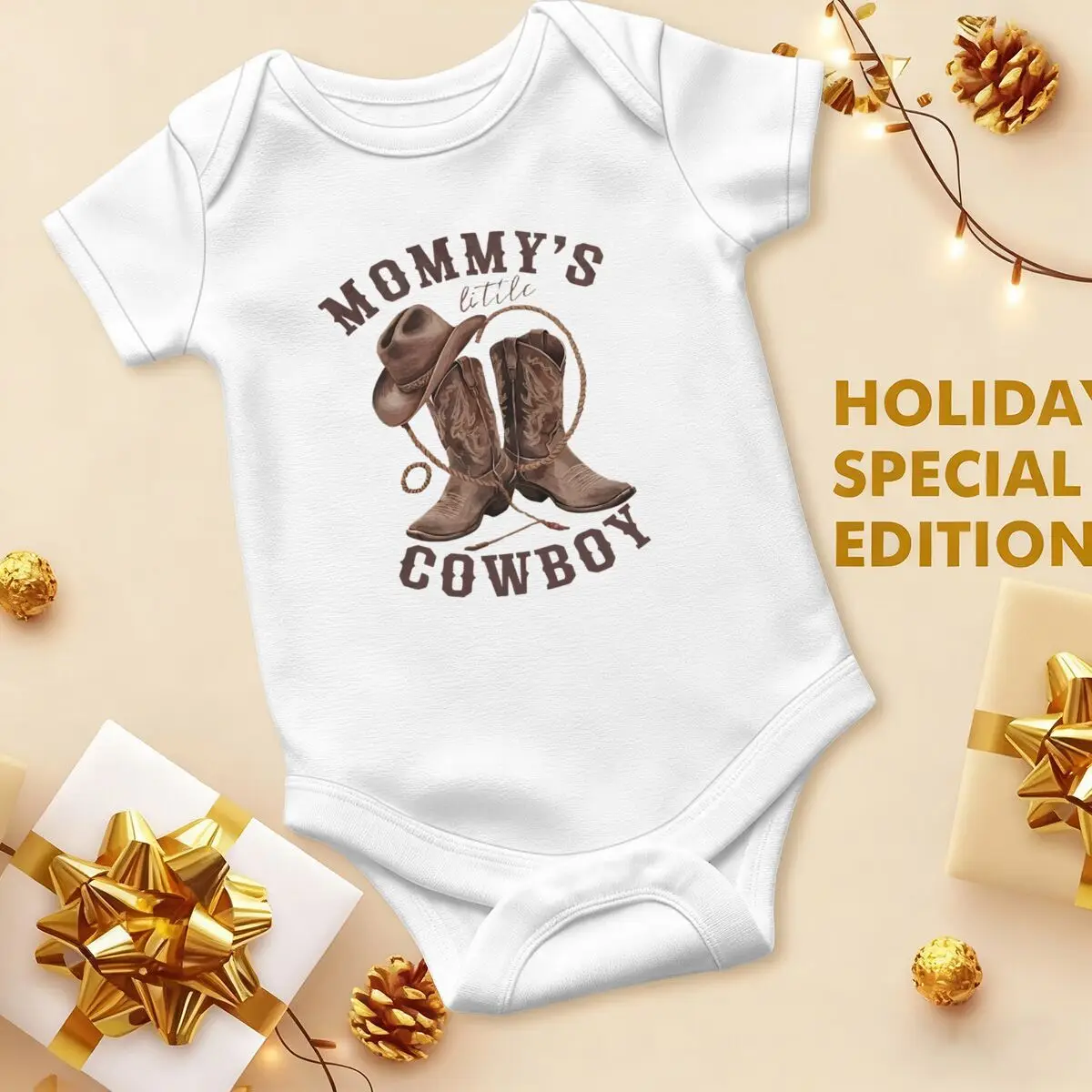 Western Baby Outfit "Mommy's Little Cowboy" Print Baby Bodysuit Short Sleeve Infant Romper Cowboy Boots Hat Baby Gift