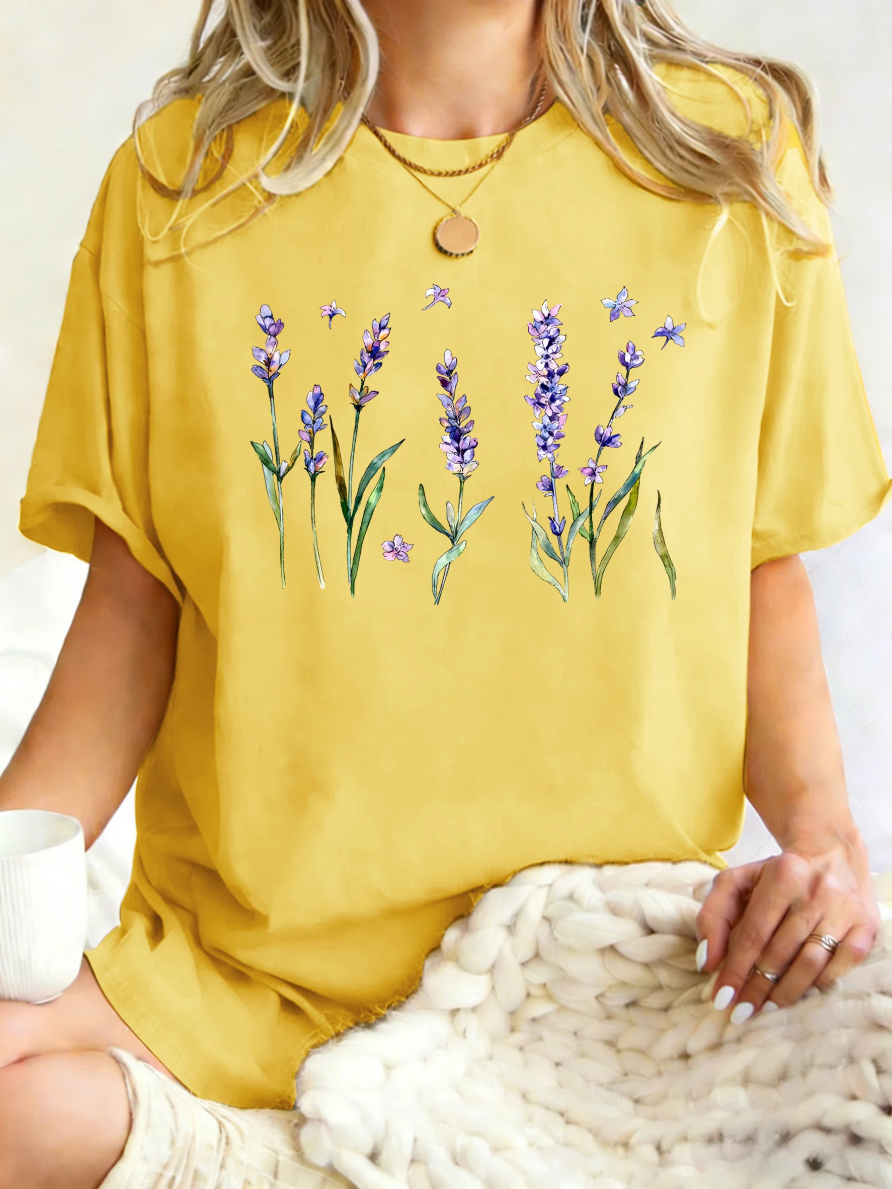 Fresh Lavender Flowers Printed Womens T-Shirt Hip Hop Crewneck Clothes Breathable Cotton T Shirt Oversized Summer Streetwear