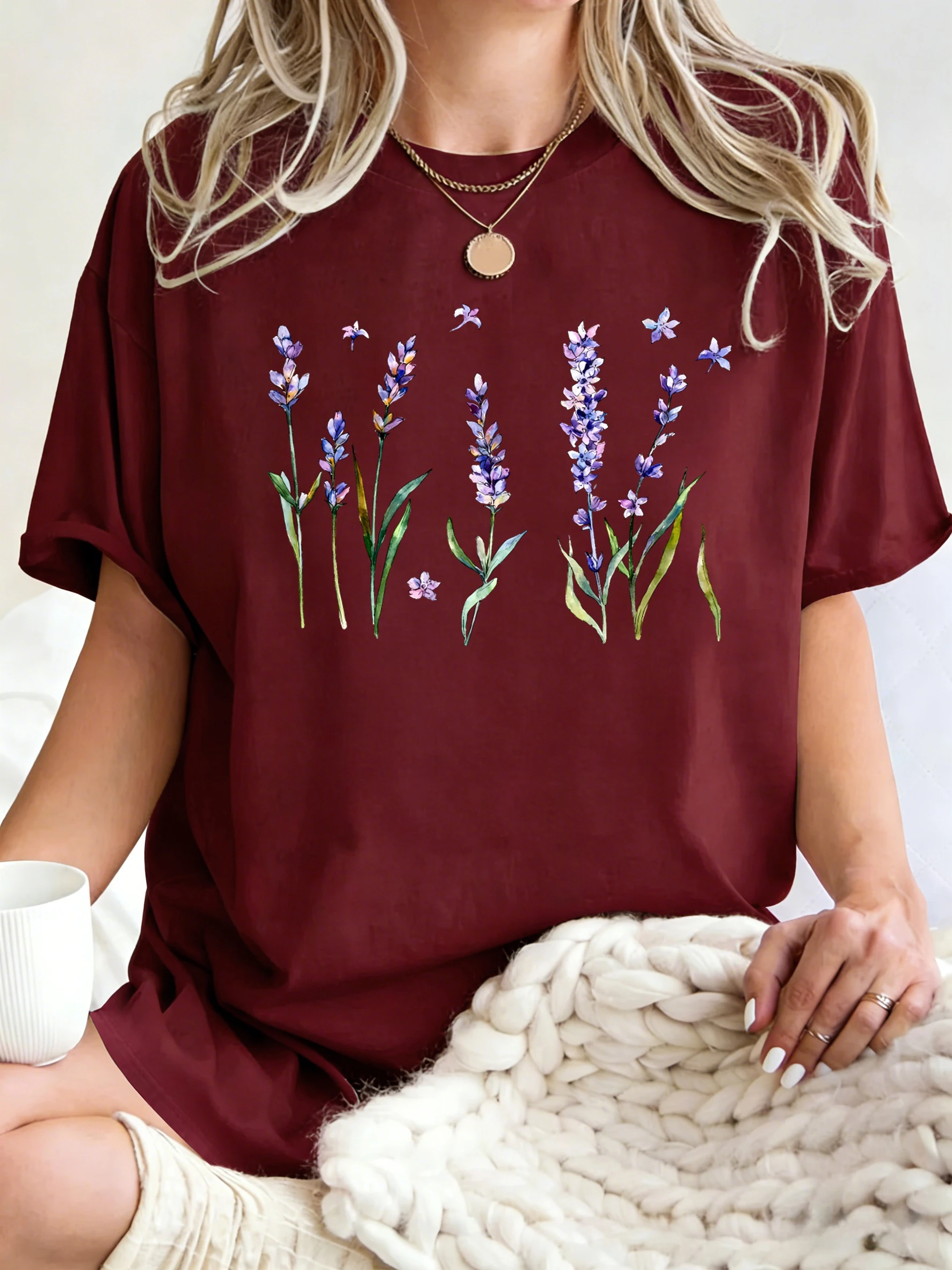 Fresh Lavender Flowers Printed Womens T-Shirt Hip Hop Crewneck Clothes Breathable Cotton T Shirt Oversized Summer Streetwear