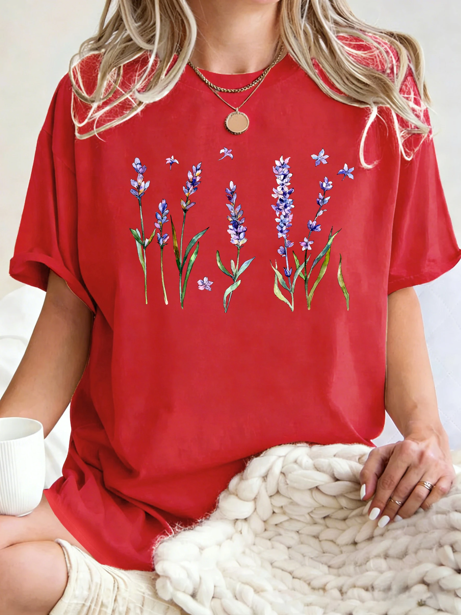 Fresh Lavender Flowers Printed Womens T-Shirt Hip Hop Crewneck Clothes Breathable Cotton T Shirt Oversized Summer Streetwear