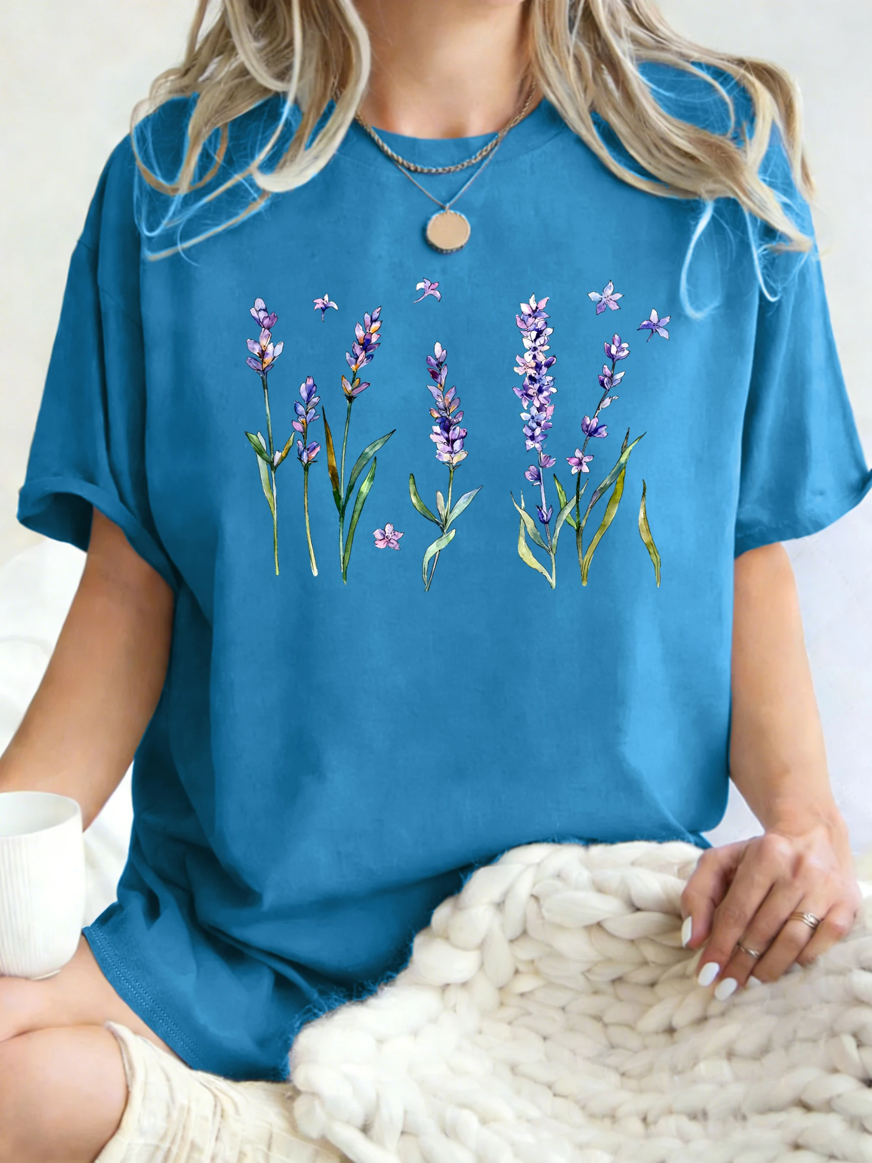 Fresh Lavender Flowers Printed Womens T-Shirt Hip Hop Crewneck Clothes Breathable Cotton T Shirt Oversized Summer Streetwear