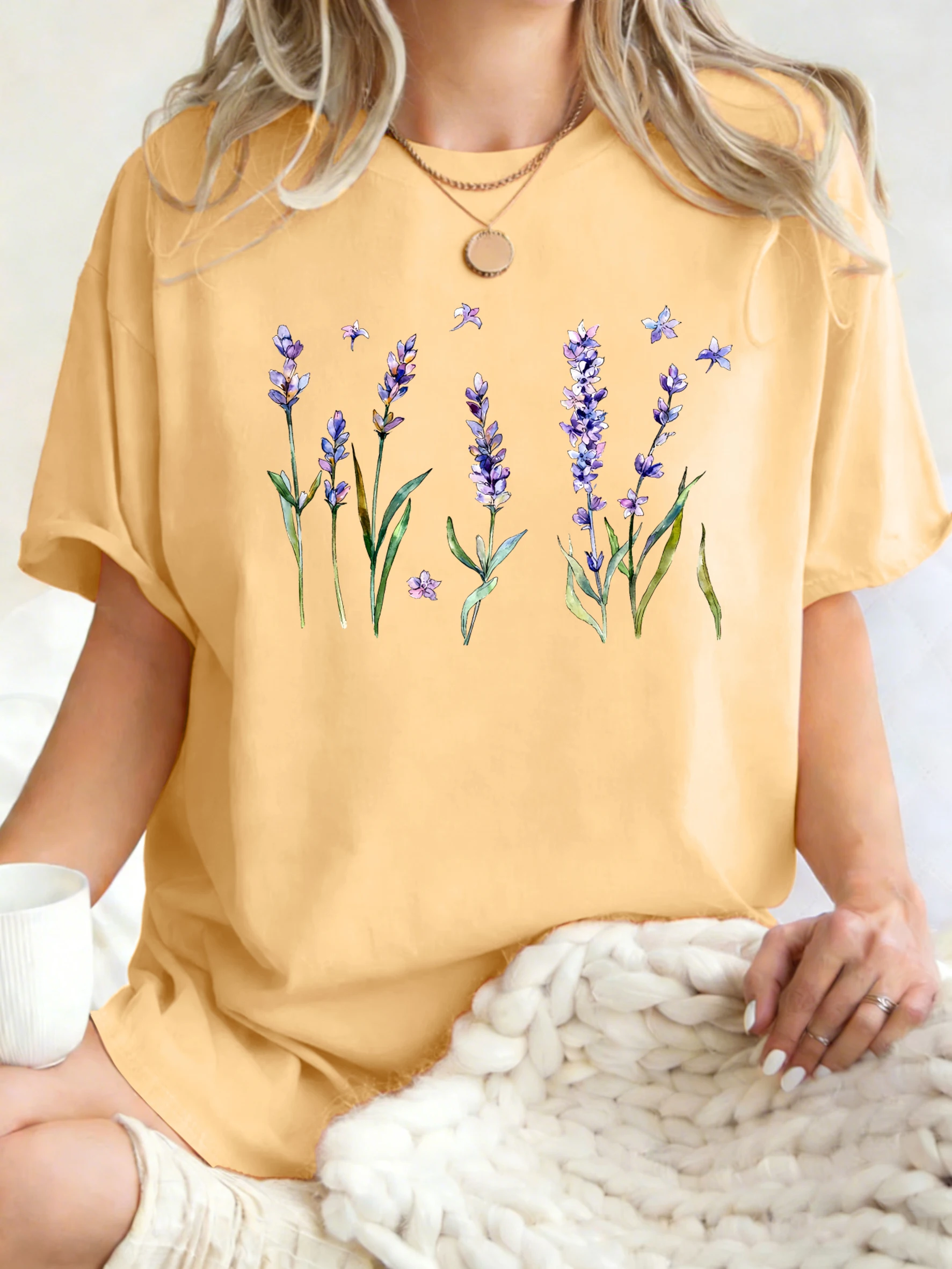 Fresh Lavender Flowers Printed Womens T-Shirt Hip Hop Crewneck Clothes Breathable Cotton T Shirt Oversized Summer Streetwear