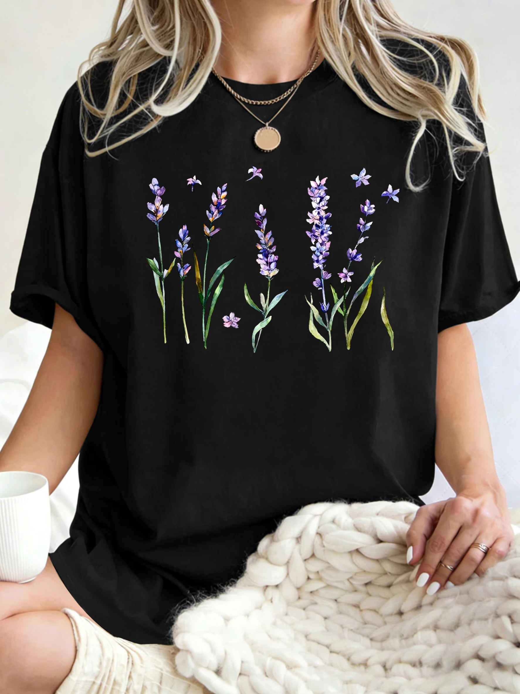 Fresh Lavender Flowers Printed Womens T-Shirt Hip Hop Crewneck Clothes Breathable Cotton T Shirt Oversized Summer Streetwear