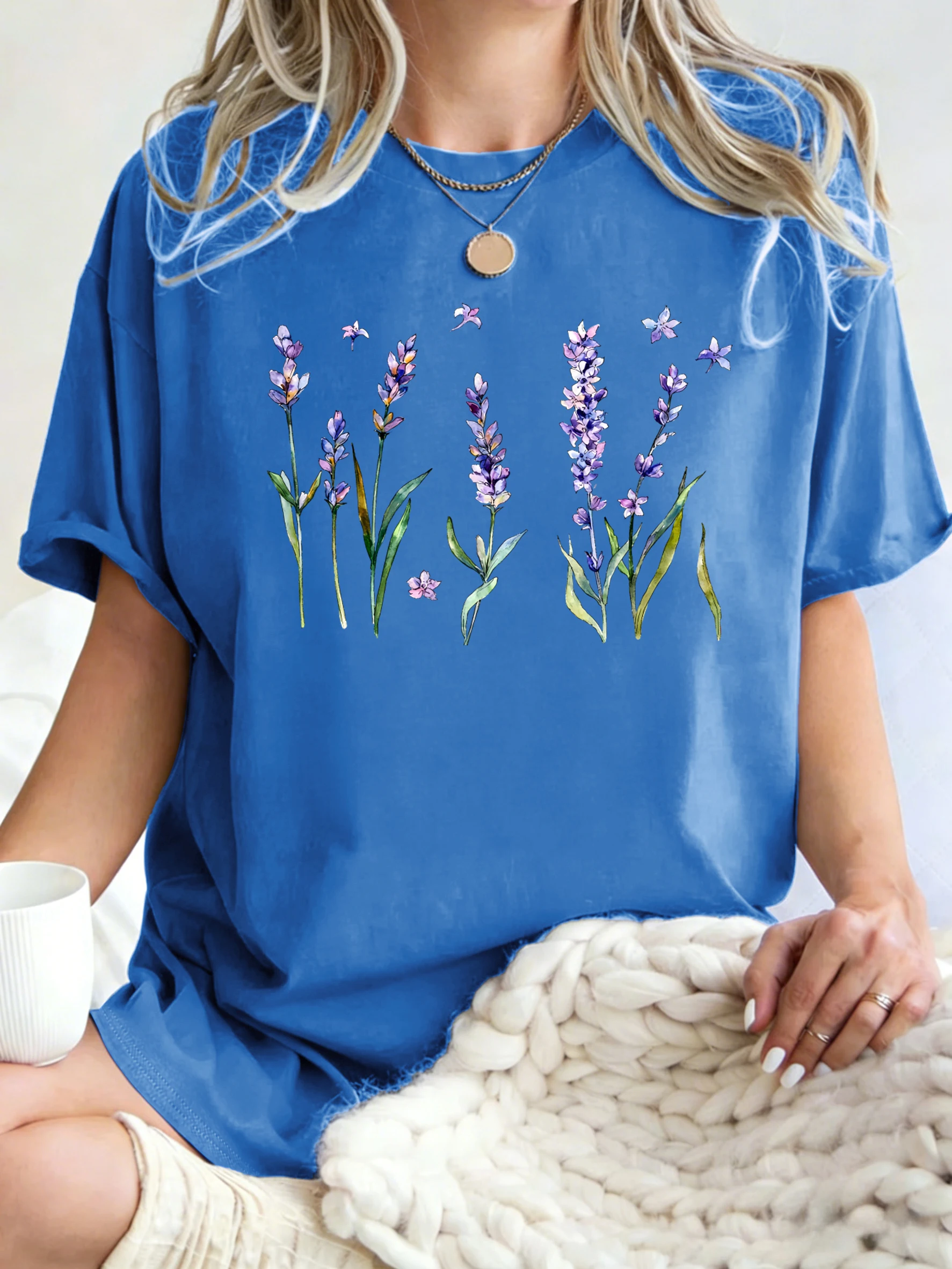 Fresh Lavender Flowers Printed Womens T-Shirt Hip Hop Crewneck Clothes Breathable Cotton T Shirt Oversized Summer Streetwear