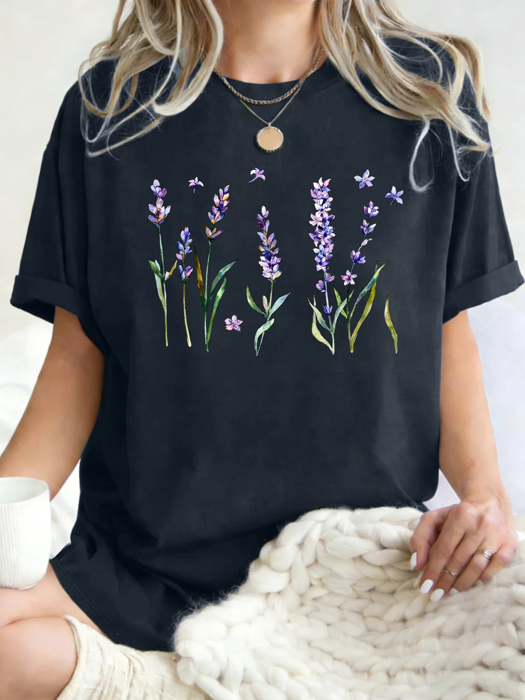Fresh Lavender Flowers Printed Womens T-Shirt Hip Hop Crewneck Clothes Breathable Cotton T Shirt Oversized Summer Streetwear