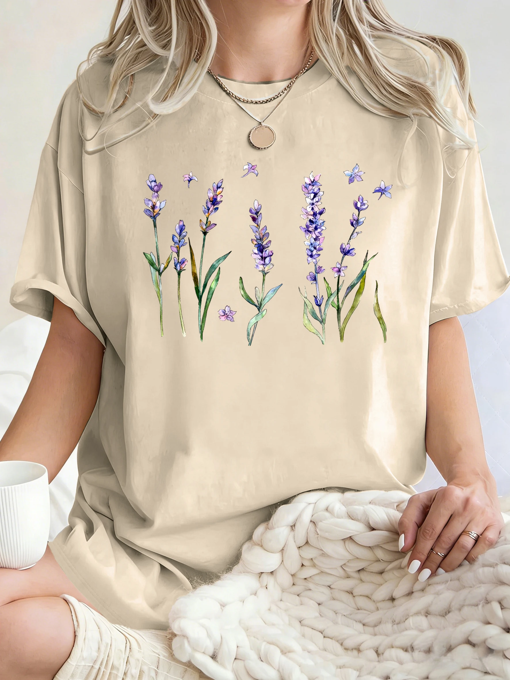 Fresh Lavender Flowers Printed Womens T-Shirt Hip Hop Crewneck Clothes Breathable Cotton T Shirt Oversized Summer Streetwear