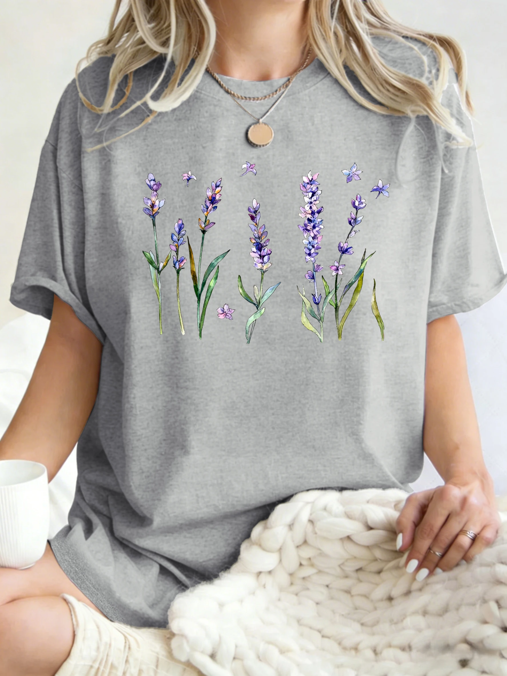 Fresh Lavender Flowers Printed Womens T-Shirt Hip Hop Crewneck Clothes Breathable Cotton T Shirt Oversized Summer Streetwear