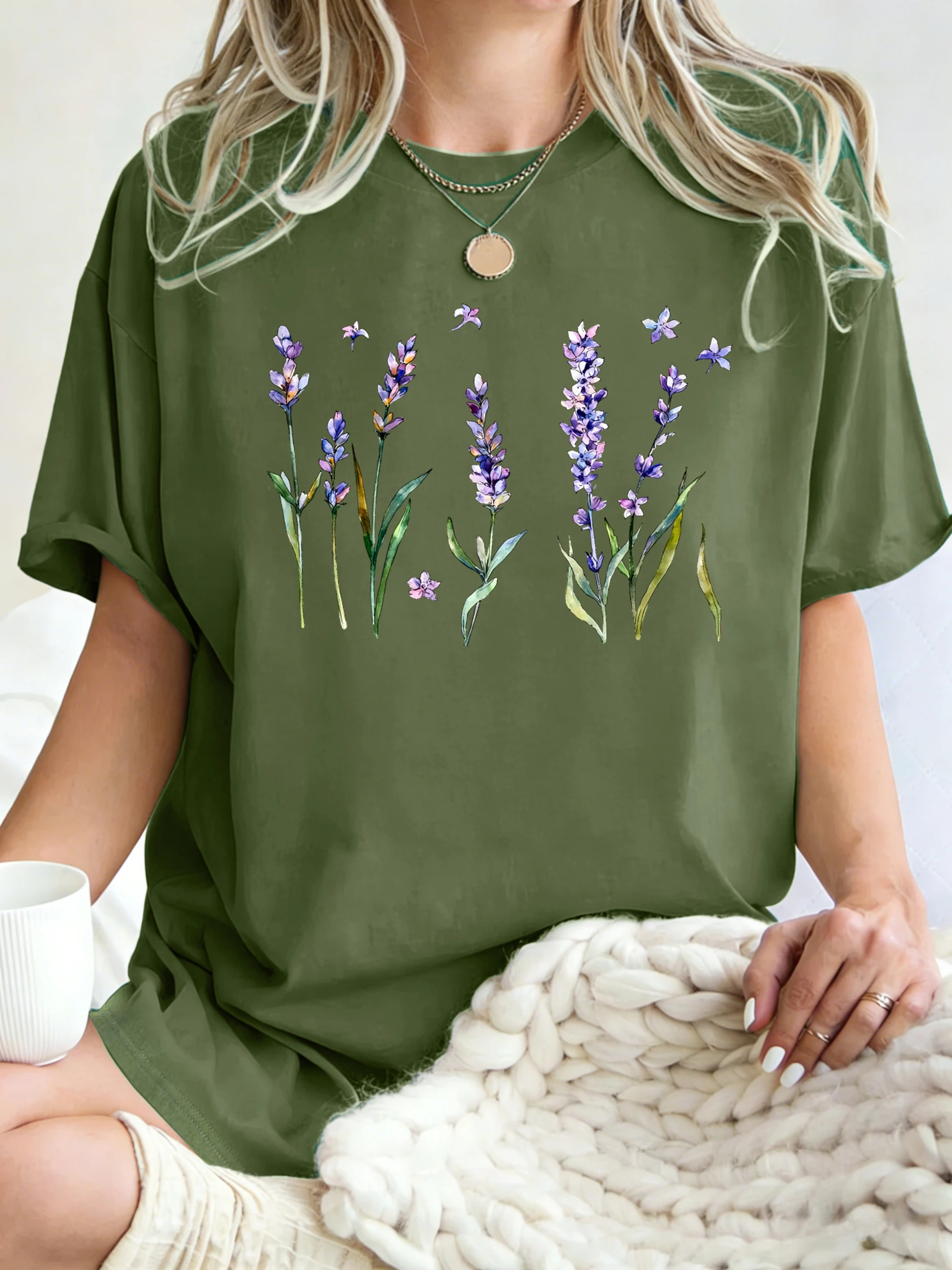 Fresh Lavender Flowers Printed Womens T-Shirt Hip Hop Crewneck Clothes Breathable Cotton T Shirt Oversized Summer Streetwear