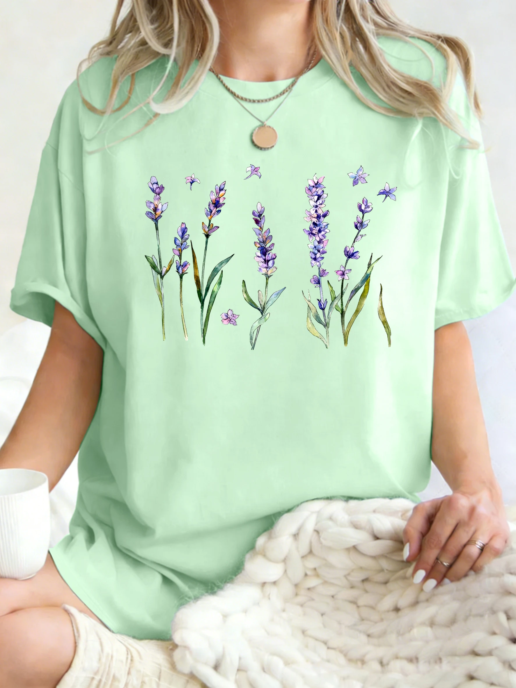 Fresh Lavender Flowers Printed Womens T-Shirt Hip Hop Crewneck Clothes Breathable Cotton T Shirt Oversized Summer Streetwear