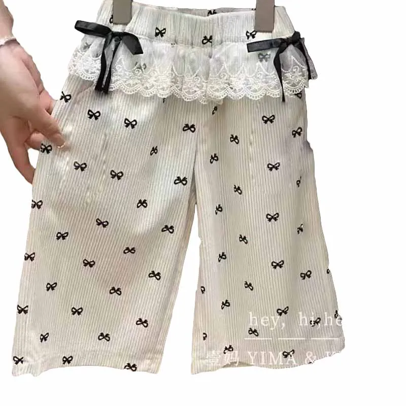 Girls Bow Print Pants Spring Summer Kids Wide-leg Trousers Fashion Elastic Loose Pants Autumn Children Bowknot Trousers 2-8 Year