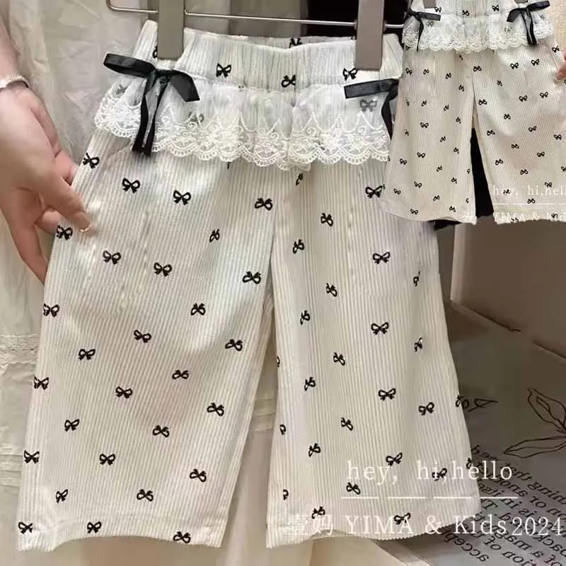 Girls Bow Print Pants Spring Summer Kids Wide-leg Trousers Fashion Elastic Loose Pants Autumn Children Bowknot Trousers 2-8 Year