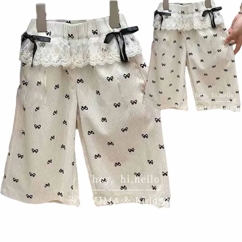 Girls Bow Print Pants Spring Summer Kids Wide-leg Trousers Fashion Elastic Loose Pants Autumn Children Bowknot Trousers 2-8 Year