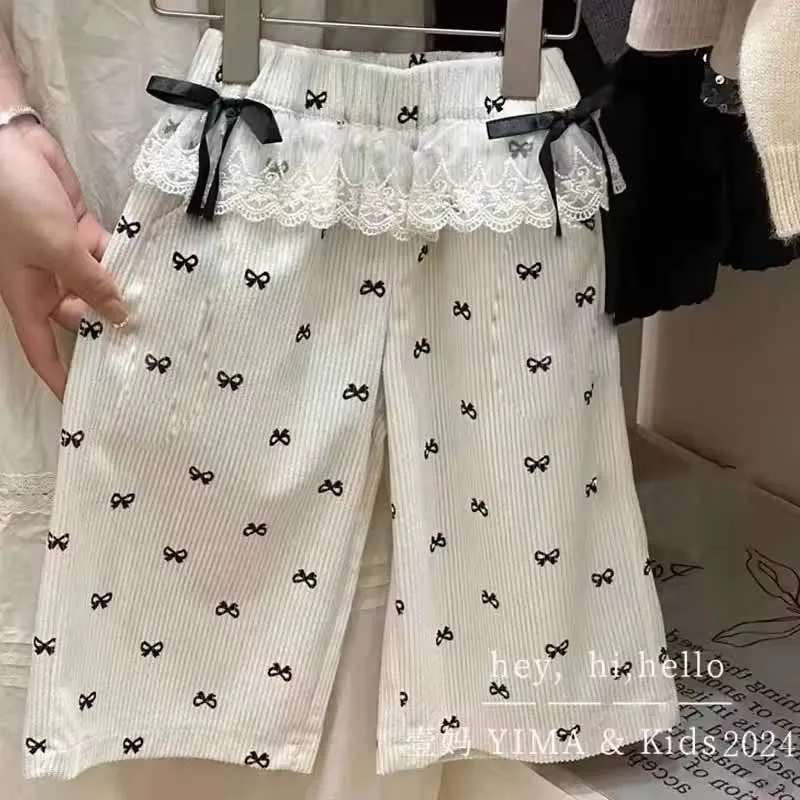 Girls Bow Print Pants Spring Summer Kids Wide-leg Trousers Fashion Elastic Loose Pants Autumn Children Bowknot Trousers 2-8 Year