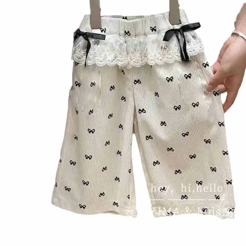 Girls Bow Print Pants Spring Summer Kids Wide-leg Trousers Fashion Elastic Loose Pants Autumn Children Bowknot Trousers 2-8 Year