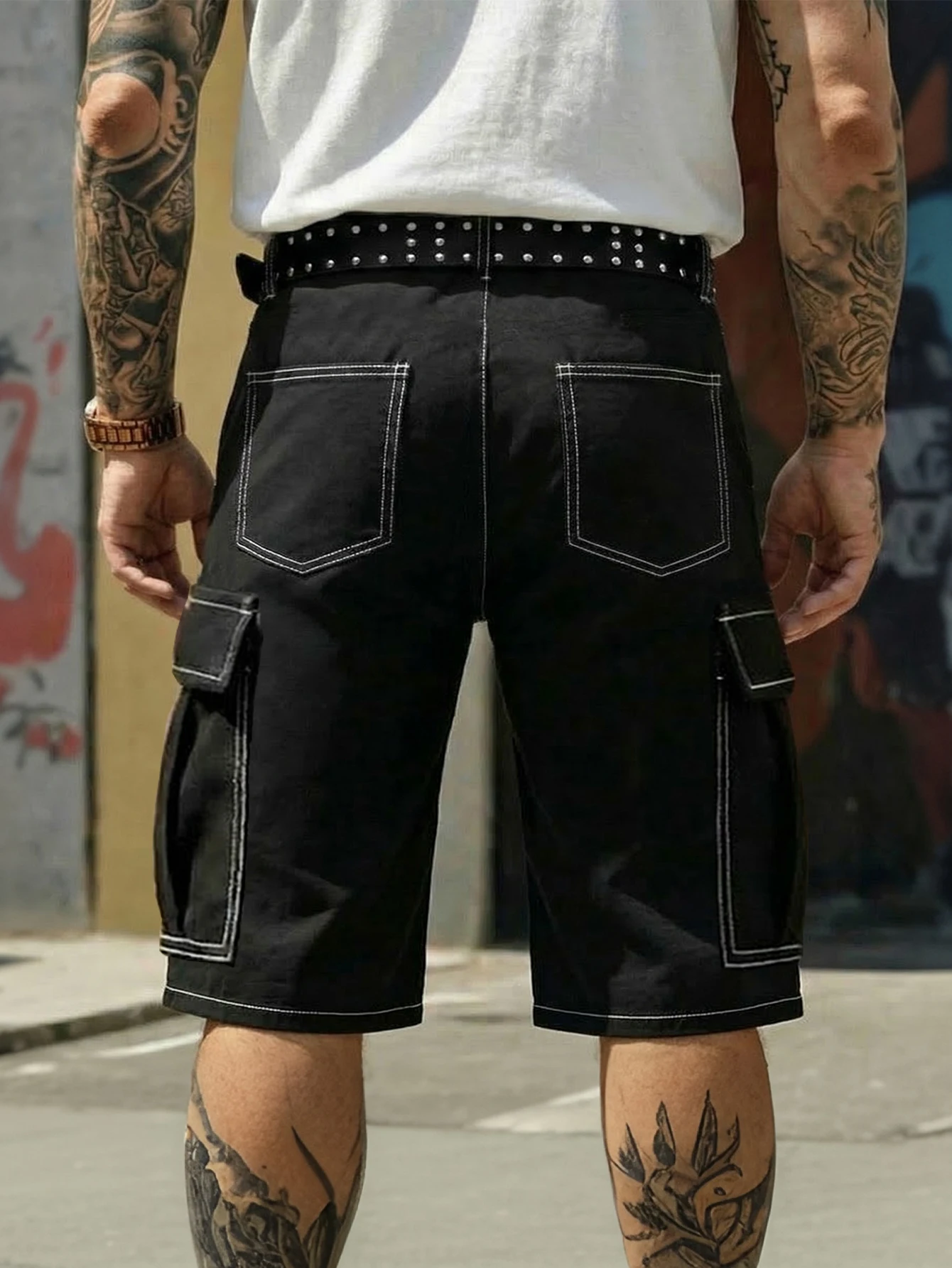 Men's Solid Color Cargo Pocket Casual Shorts,Personalized visible stitching design summer workwear five-inch pants