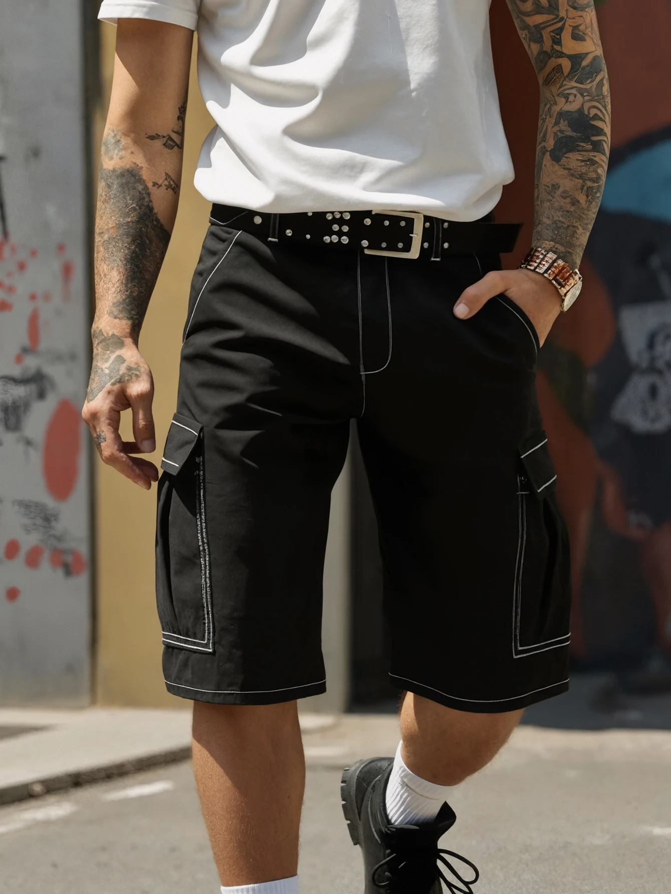 Men's Solid Color Cargo Pocket Casual Shorts,Personalized visible stitching design summer workwear five-inch pants