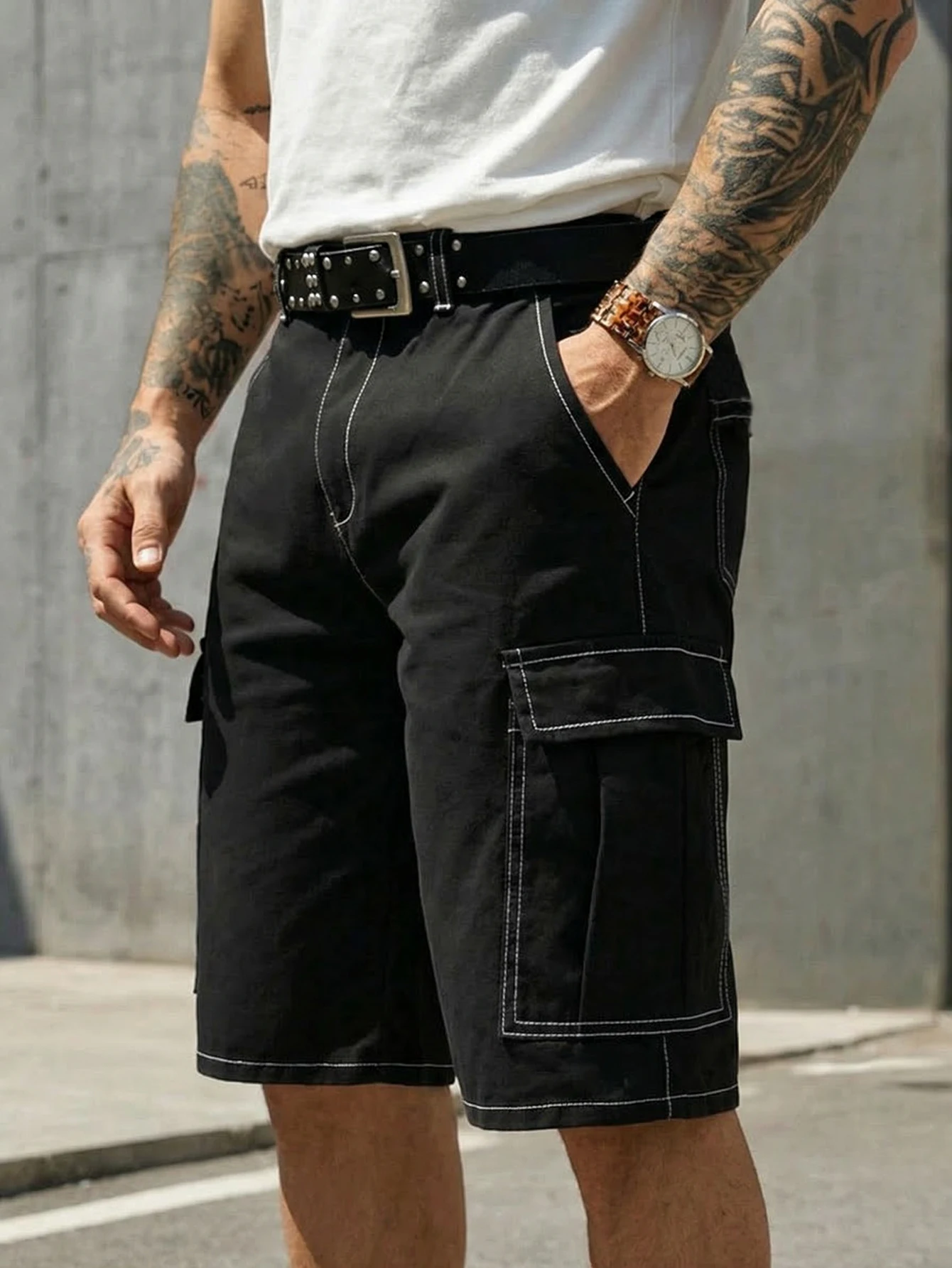 Men's Solid Color Cargo Pocket Casual Shorts,Personalized visible stitching design summer workwear five-inch pants