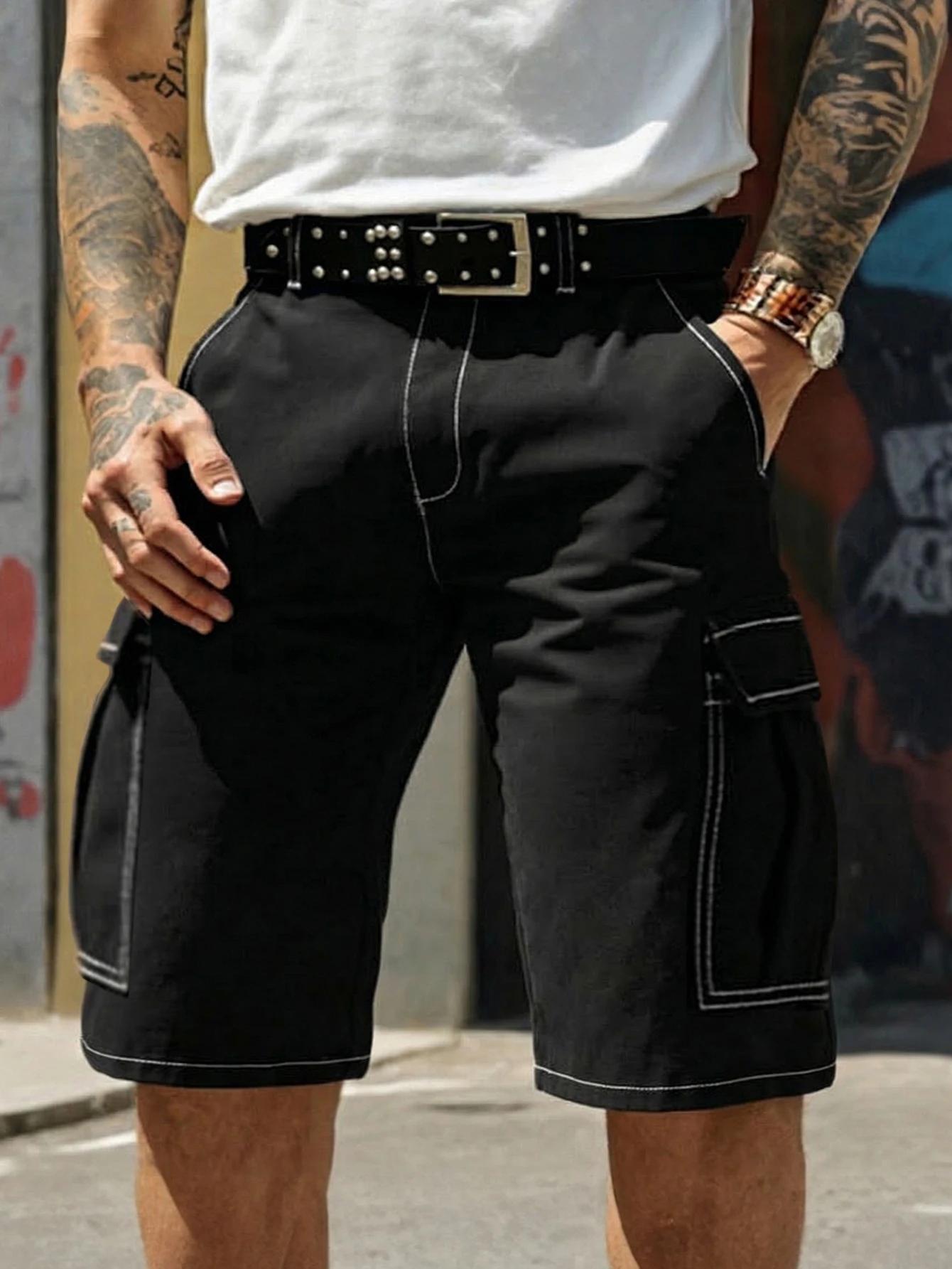 Men's Solid Color Cargo Pocket Casual Shorts,Personalized visible stitching design summer workwear five-inch pants