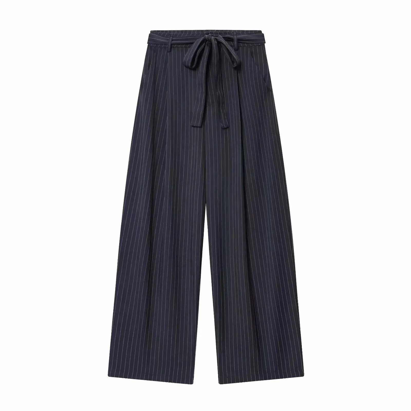 Women Fashion 2-Piece Set Single-breasted Sleeveless V-Neck Pinstripe Vest+Summer Pleated Loose Pocket Belt Zipper Pants