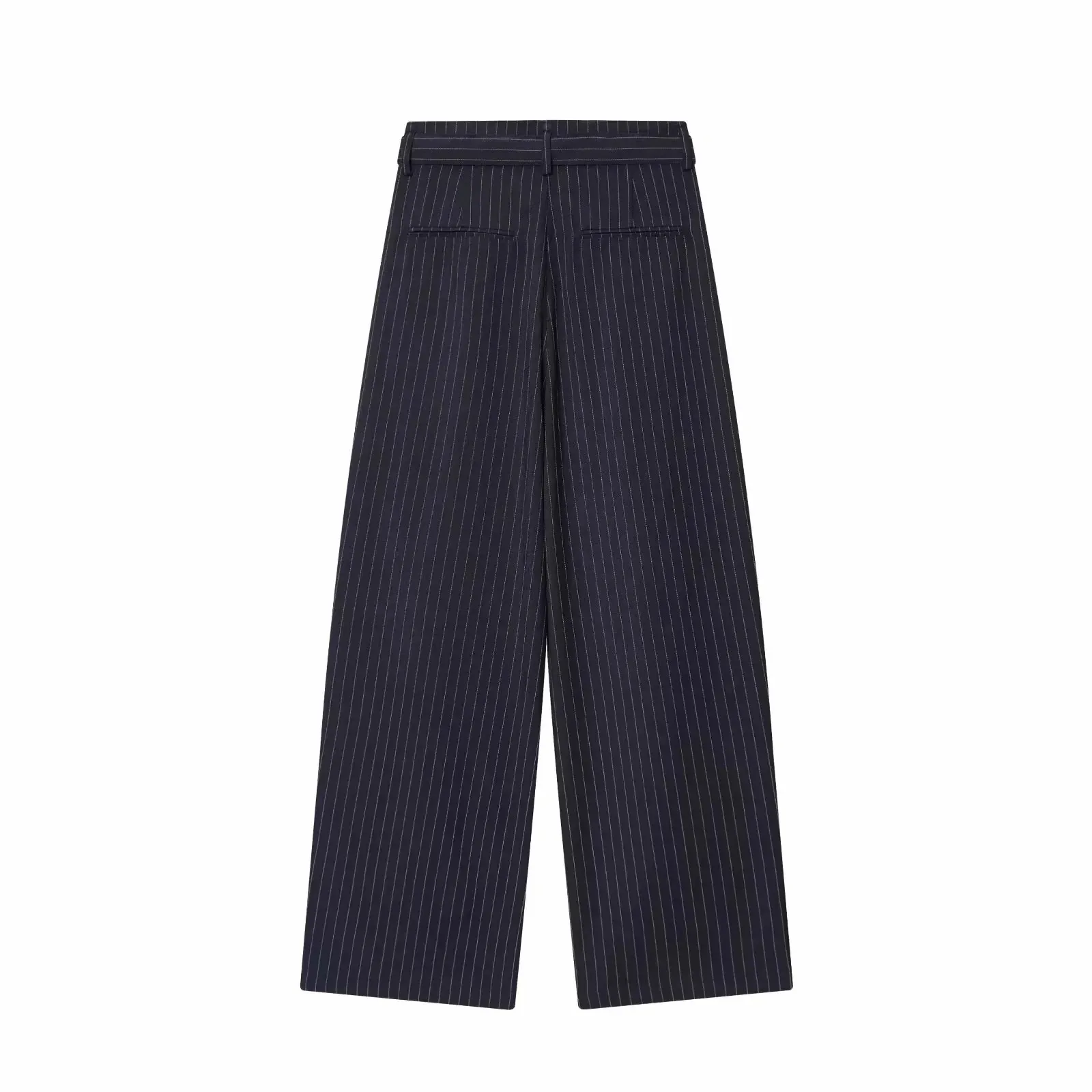 Women Fashion 2-Piece Set Single-breasted Sleeveless V-Neck Pinstripe Vest+Summer Pleated Loose Pocket Belt Zipper Pants