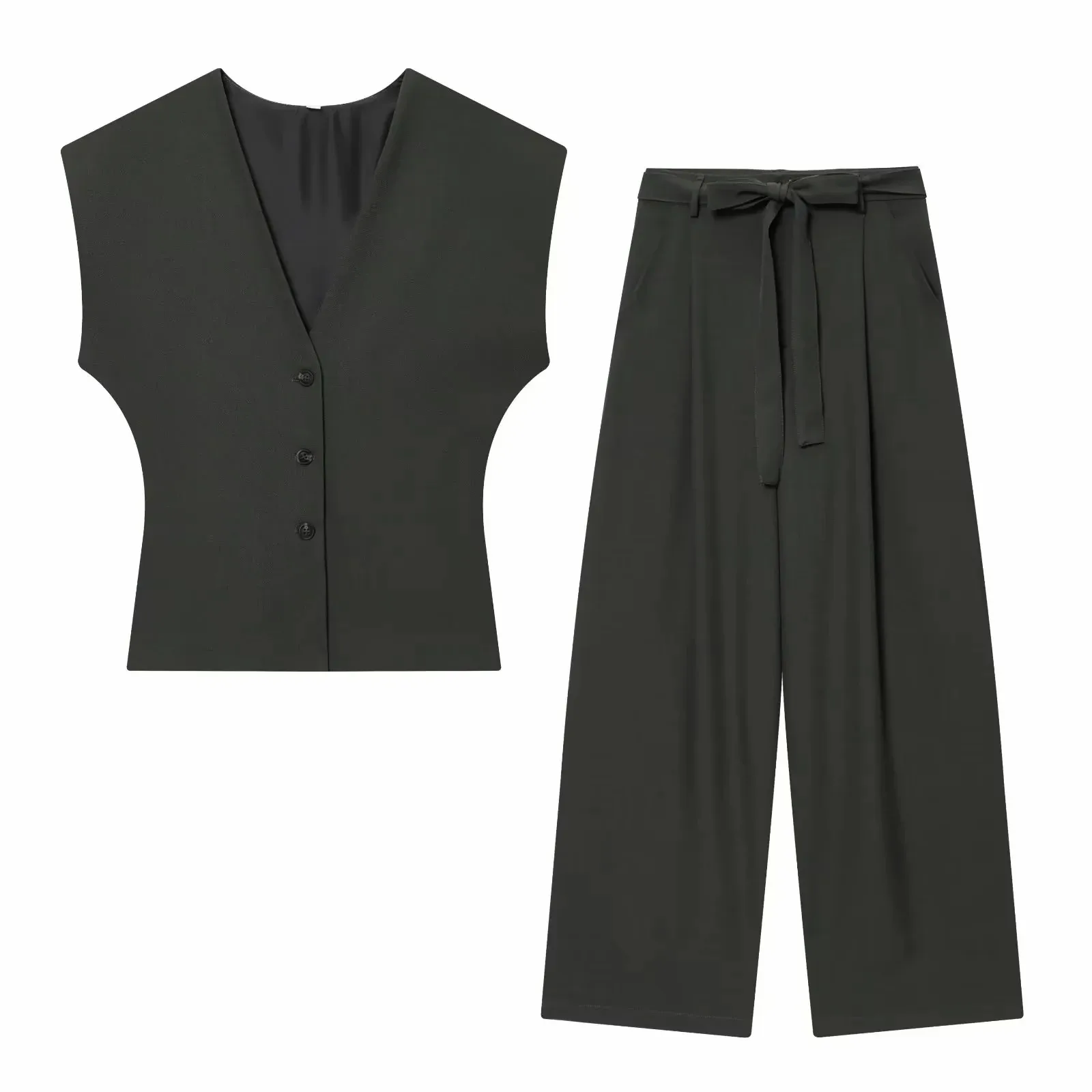 Women Fashion 2-Piece Set Single-breasted Sleeveless V-Neck Pinstripe Vest+Summer Pleated Loose Pocket Belt Zipper Pants