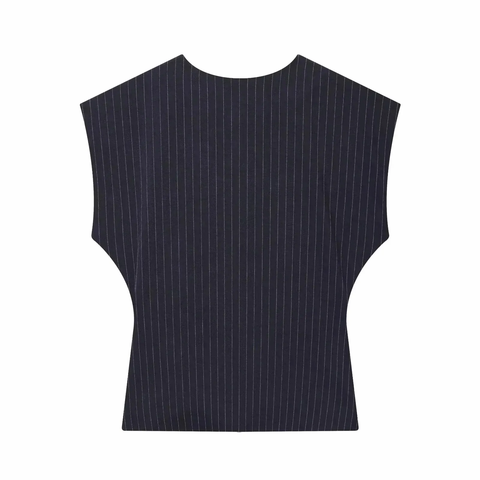 Women Fashion 2-Piece Set Single-breasted Sleeveless V-Neck Pinstripe Vest+Summer Pleated Loose Pocket Belt Zipper Pants