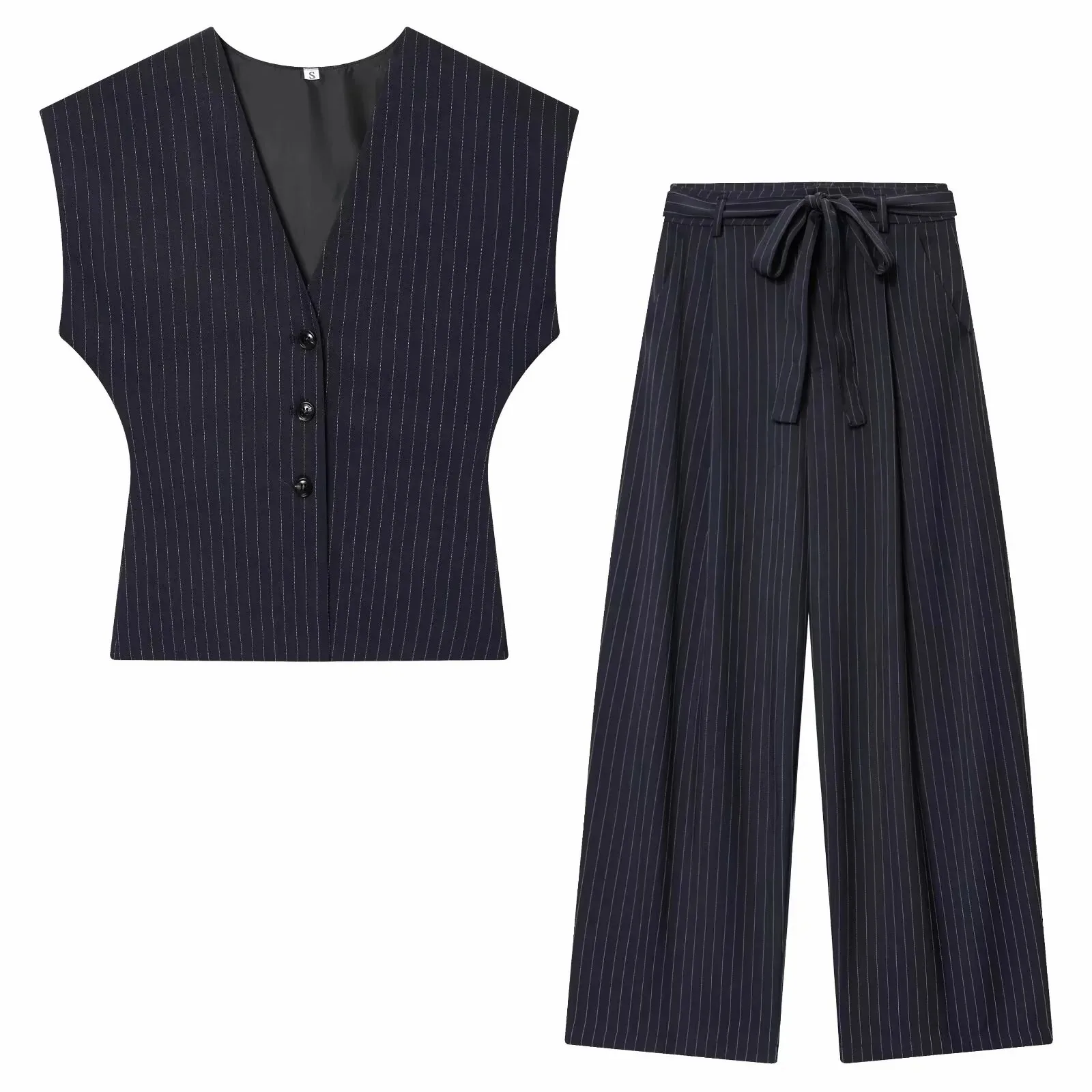 Women Fashion 2-Piece Set Single-breasted Sleeveless V-Neck Pinstripe Vest+Summer Pleated Loose Pocket Belt Zipper Pants