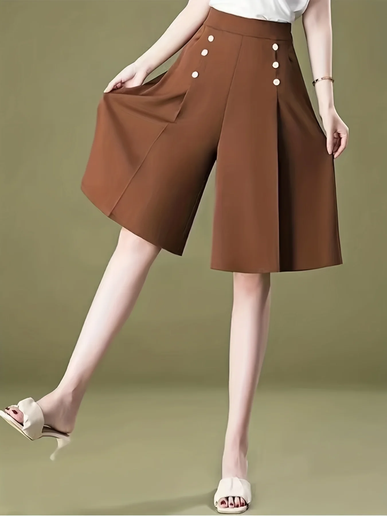 Women's Elegant High Waist Wide Leg Culottes, Casual Pleated Knee-Length Skirt Shorts with Decorative Buttons, Formal Office Wea