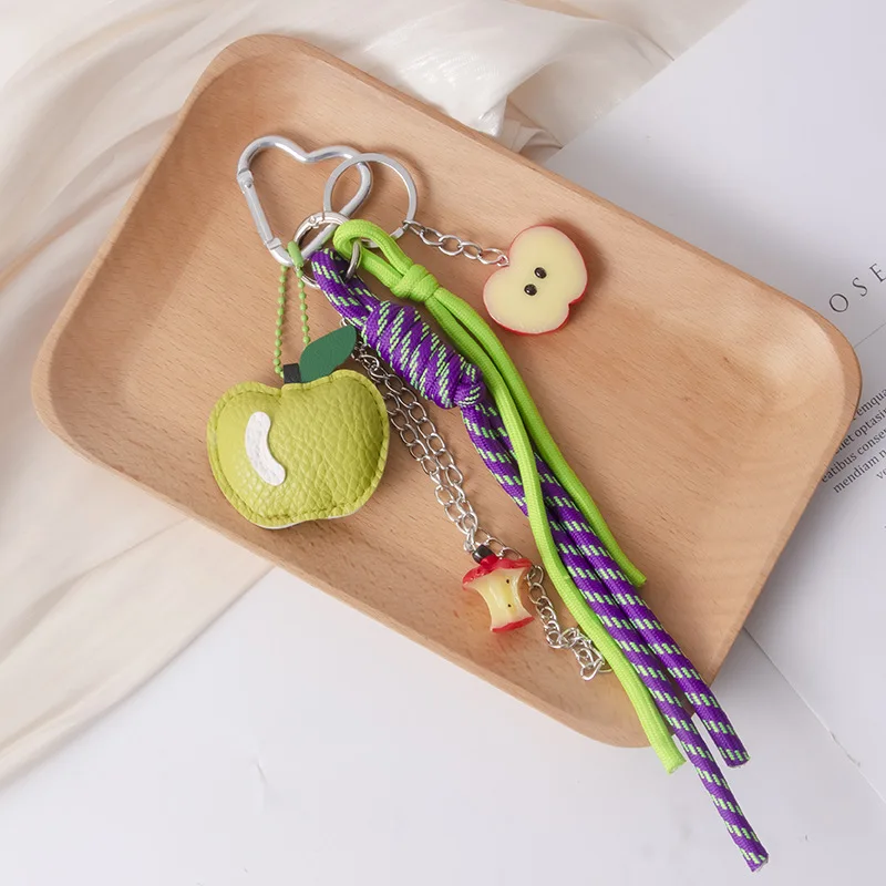 1 Piece Leather Apple Backpack Pendant DIY Decoration Creative Weaving Rope Fruit Keychain Bag Mobile Phone Car Accessories