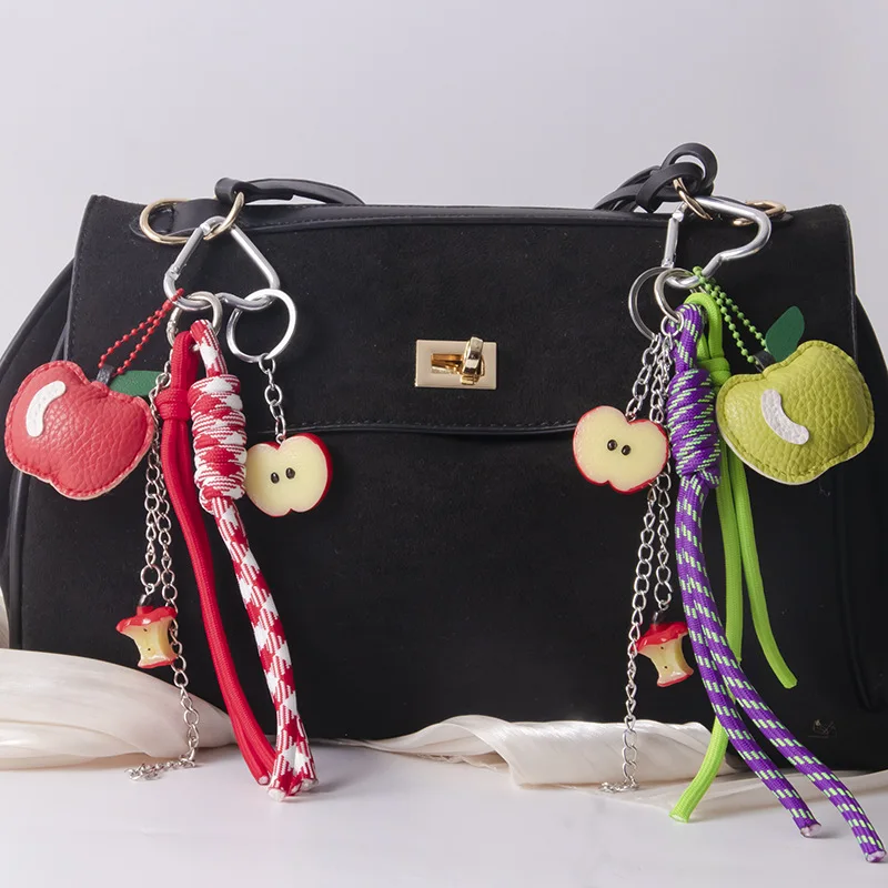 1 Piece Leather Apple Backpack Pendant DIY Decoration Creative Weaving Rope Fruit Keychain Bag Mobile Phone Car Accessories