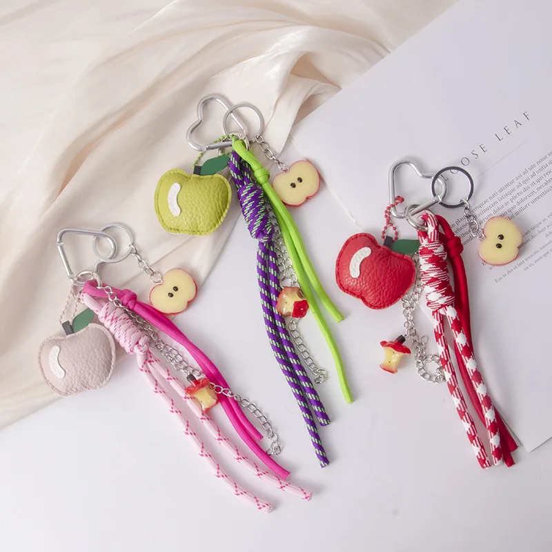 1 Piece Leather Apple Backpack Pendant DIY Decoration Creative Weaving Rope Fruit Keychain Bag Mobile Phone Car Accessories