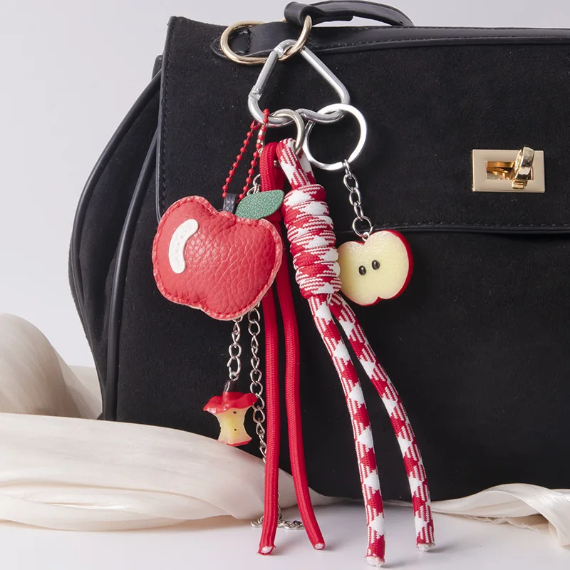 1 Piece Leather Apple Backpack Pendant DIY Decoration Creative Weaving Rope Fruit Keychain Bag Mobile Phone Car Accessories