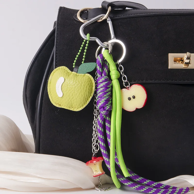 1 Piece Leather Apple Backpack Pendant DIY Decoration Creative Weaving Rope Fruit Keychain Bag Mobile Phone Car Accessories