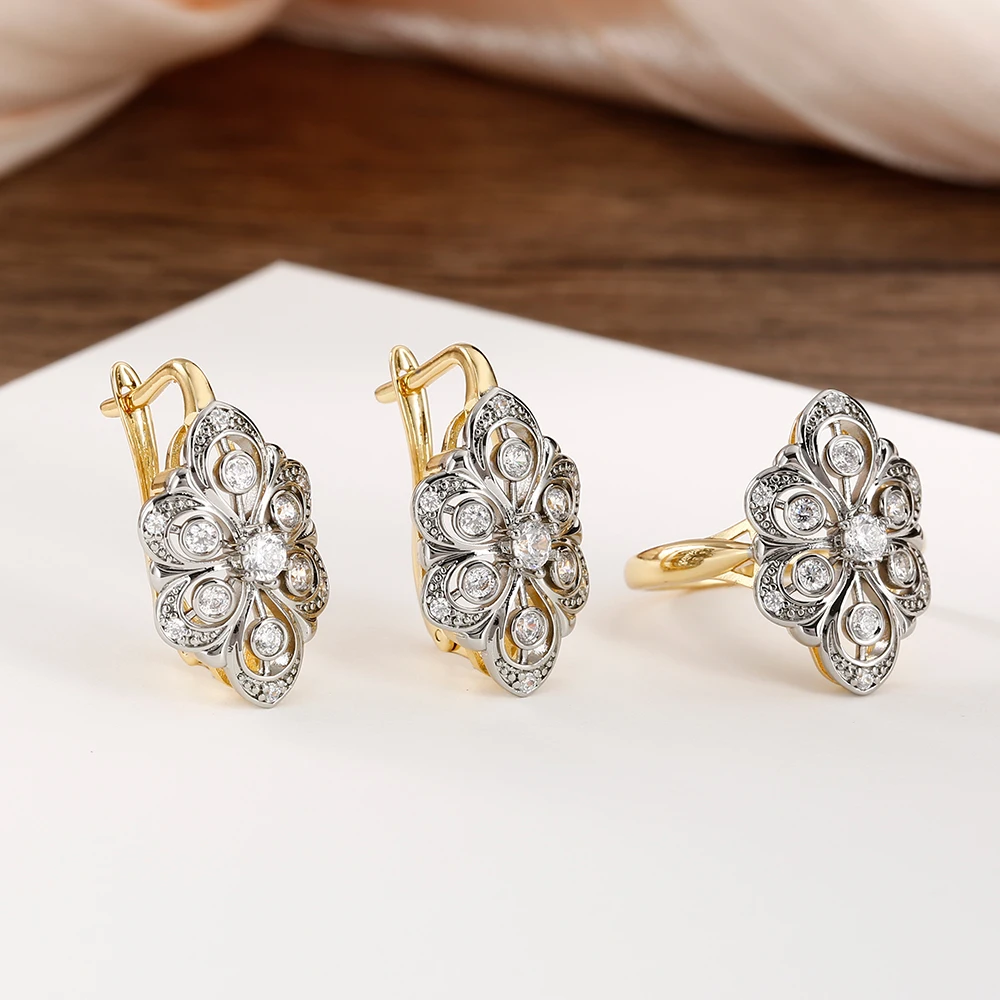 Petal design inlaid with zircon two-tone set earrings ring copper plated 14K gold retro fashion jewelry banquet holiday gift