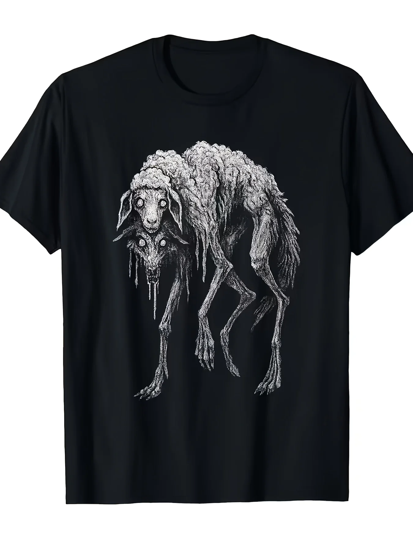 Men'S Terrifying Wolf-Sheep Horror Folklore Gothic T-Shirt Black and White Gothic Wolf-Sheep Design Short Sleeves