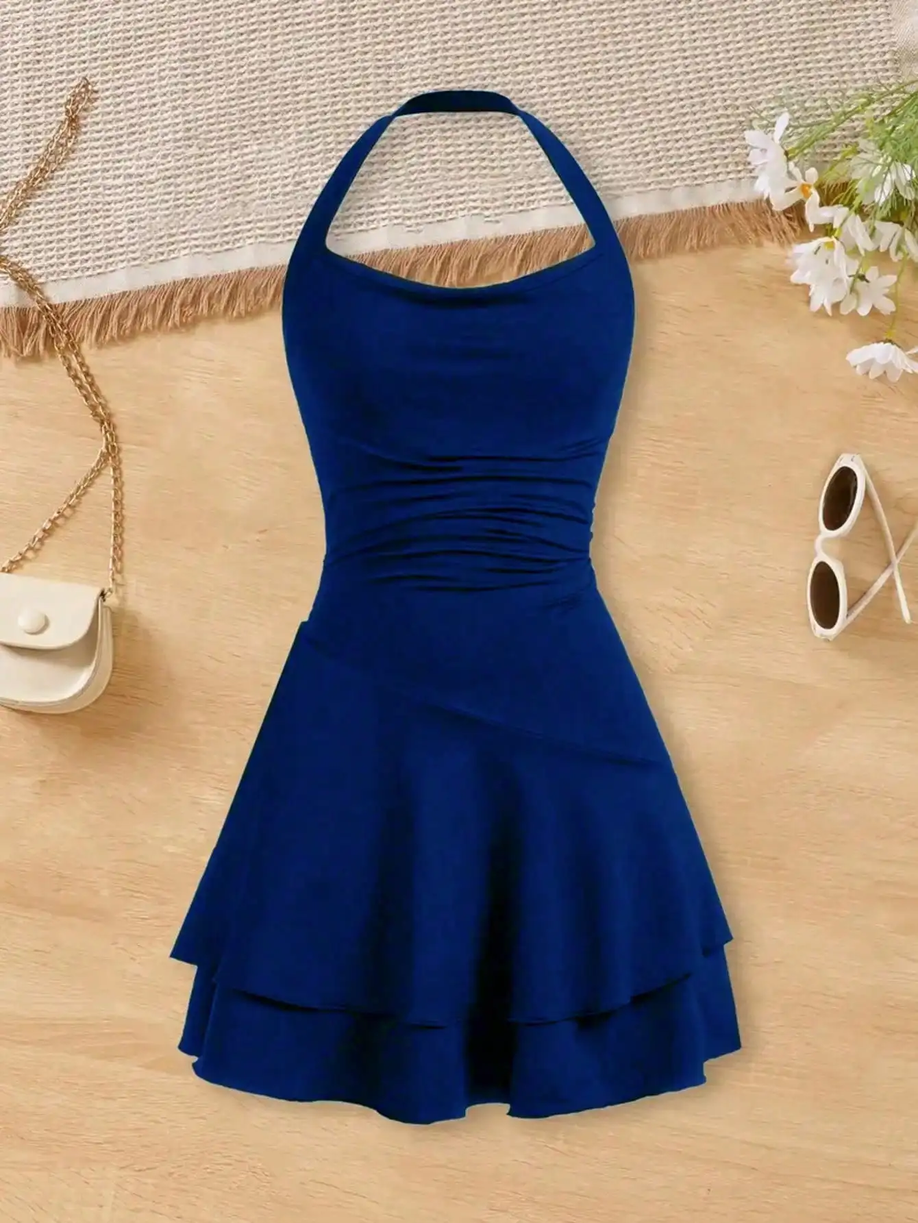 2026 Girls' New Charming Pleated Square Neck Lace Sleeveless Slim Fit Dress, Spring and Summer Party Casual Dress Gift