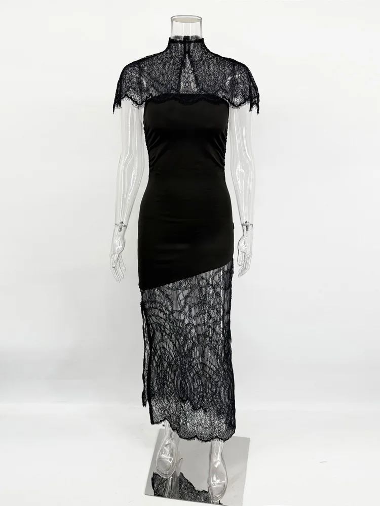 Elegant Lace Printed Long Dress For Women See-Through Turtleneck Patchwork Bandeau Party Dress Female Spring Maxi Dress 2026