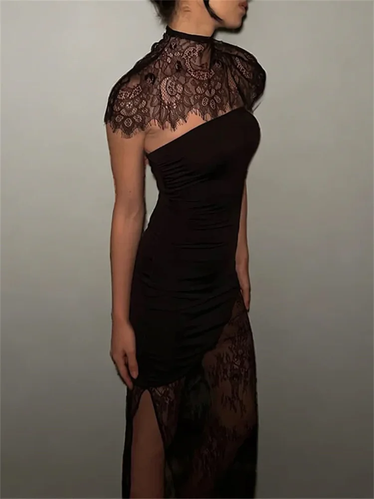 Elegant Lace Printed Long Dress For Women See-Through Turtleneck Patchwork Bandeau Party Dress Female Spring Maxi Dress 2026