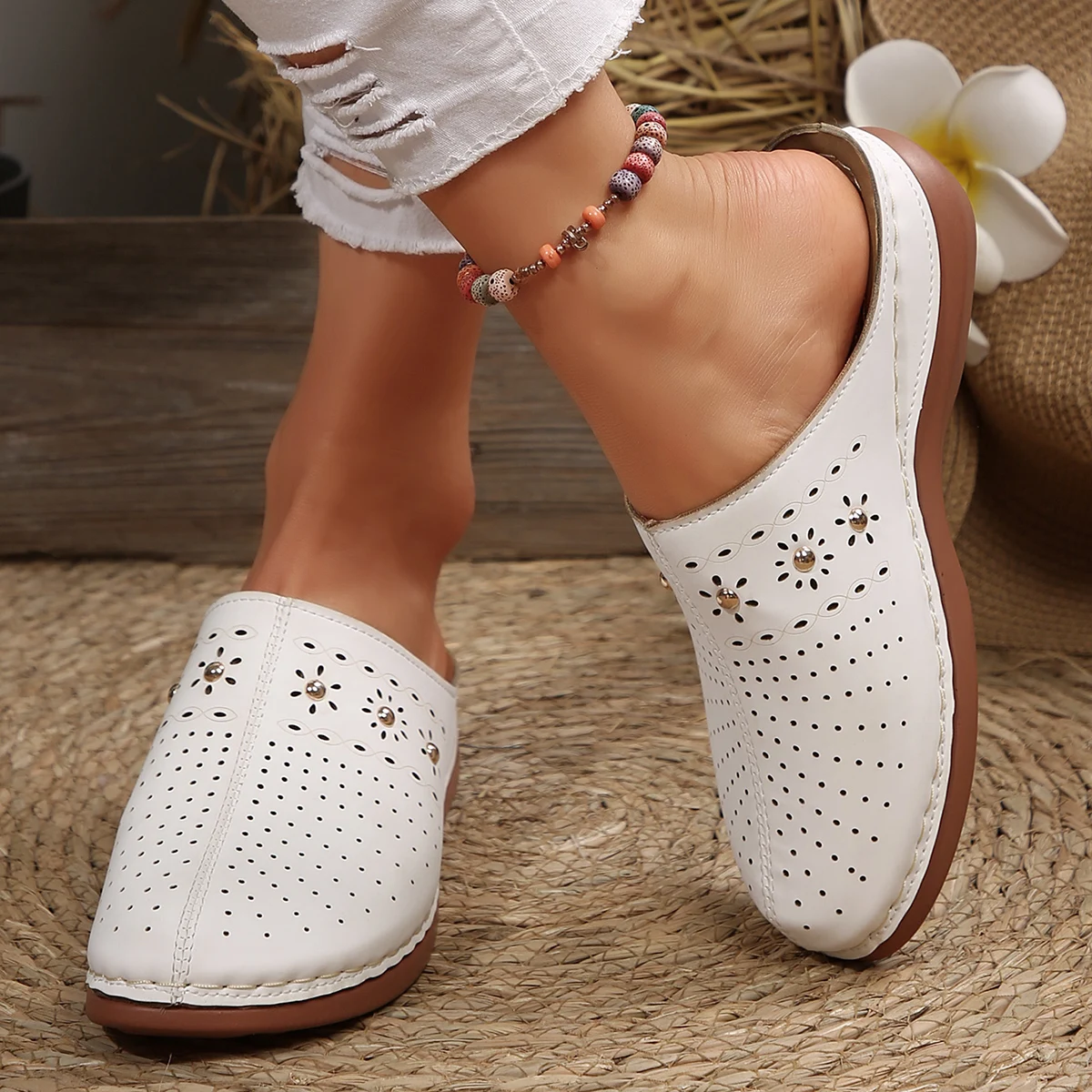 2026 New Fashion Women Slippers Summer Shoes Woman Split Leather Hollows Sandals Breathable Baotou Slippers Big Size 36-43