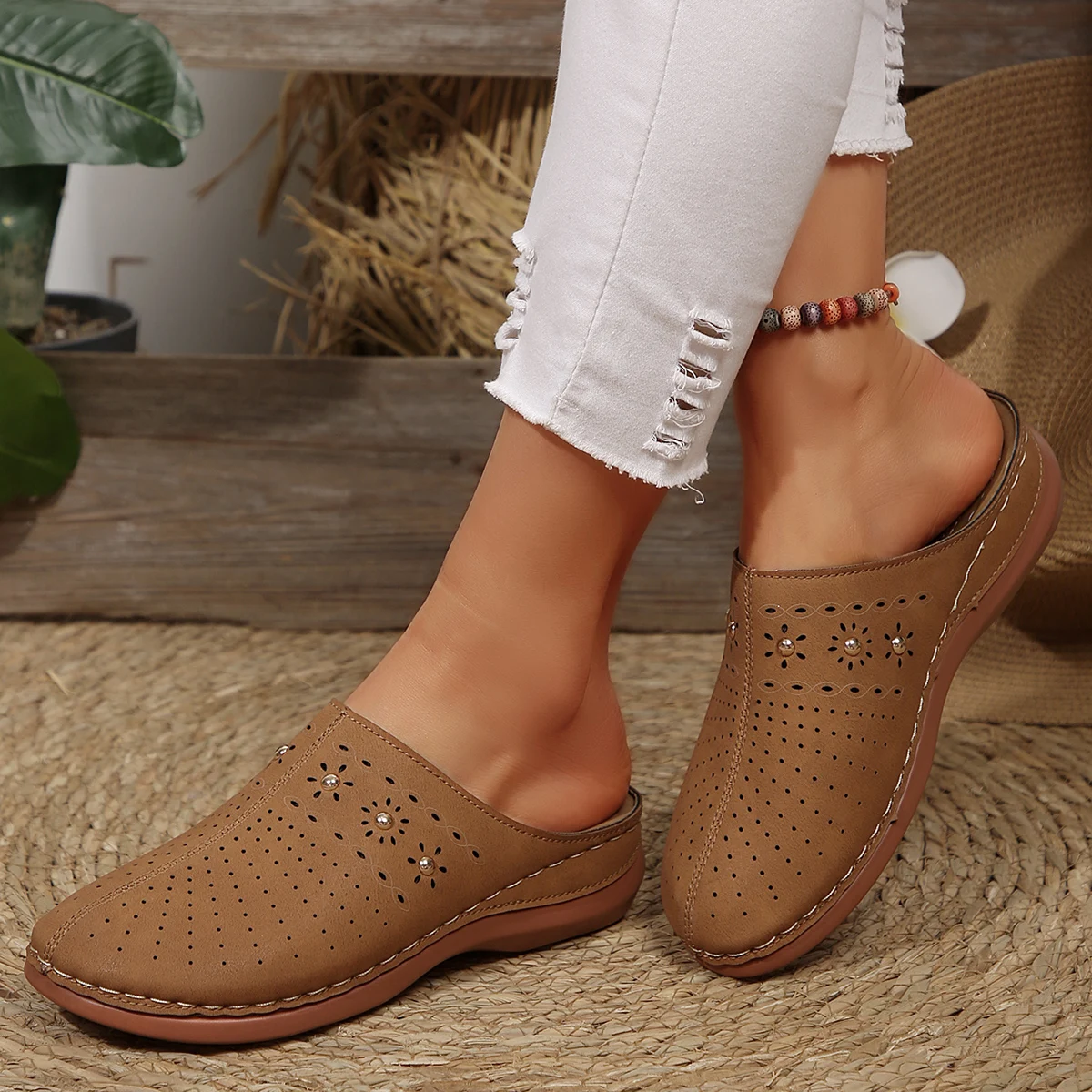 2026 New Fashion Women Slippers Summer Shoes Woman Split Leather Hollows Sandals Breathable Baotou Slippers Big Size 36-43