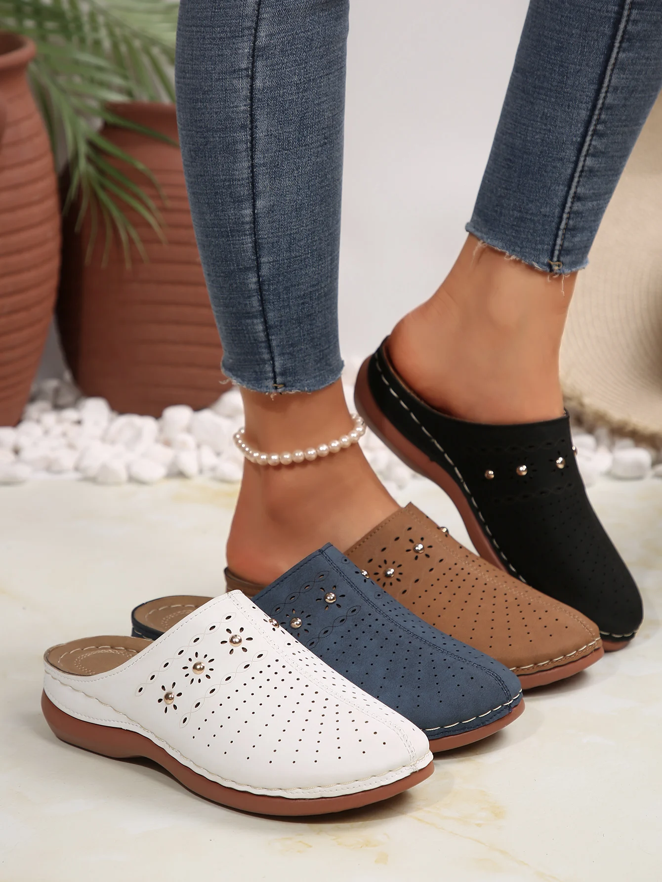 2026 New Fashion Women Slippers Summer Shoes Woman Split Leather Hollows Sandals Breathable Baotou Slippers Big Size 36-43