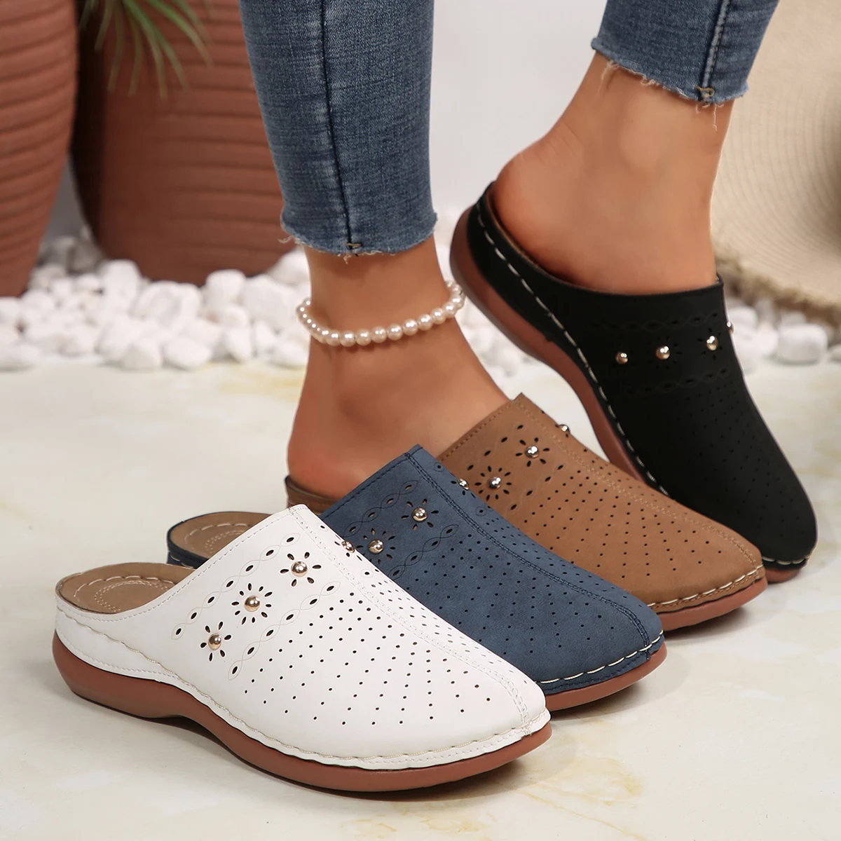 2026 New Fashion Women Slippers Summer Shoes Woman Split Leather Hollows Sandals Breathable Baotou Slippers Big Size 36-43