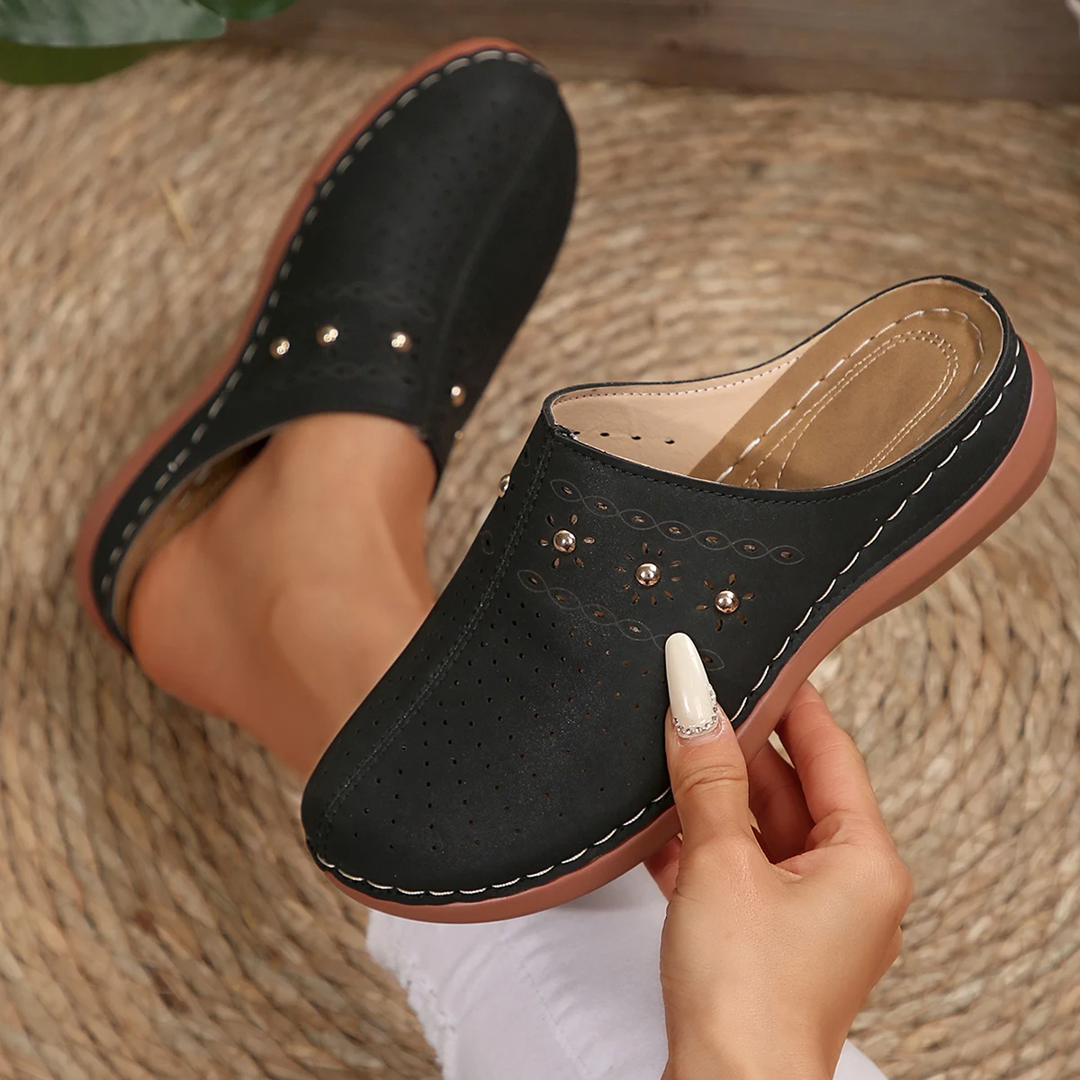 2026 New Fashion Women Slippers Summer Shoes Woman Split Leather Hollows Sandals Breathable Baotou Slippers Big Size 36-43