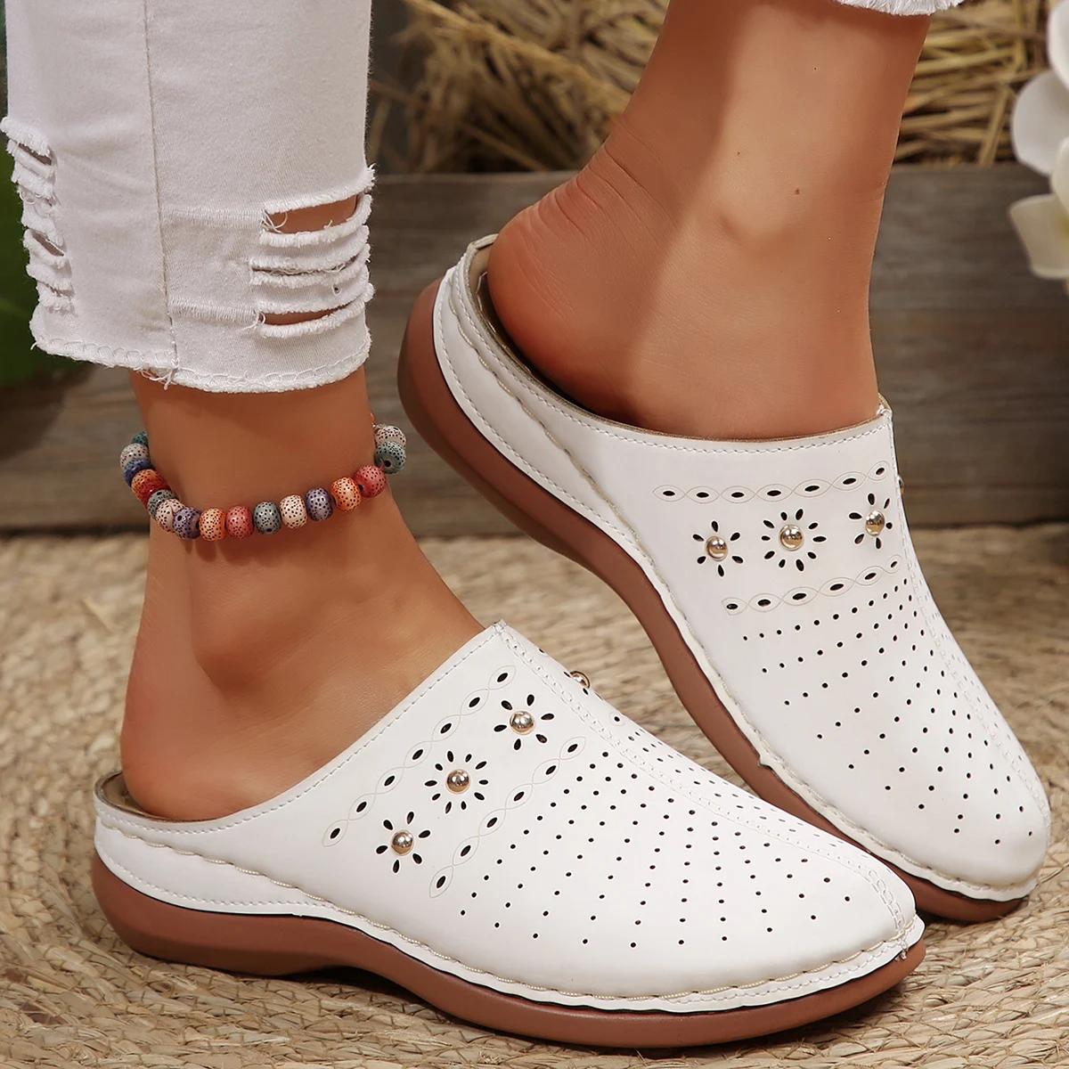 2026 New Fashion Women Slippers Summer Shoes Woman Split Leather Hollows Sandals Breathable Baotou Slippers Big Size 36-43