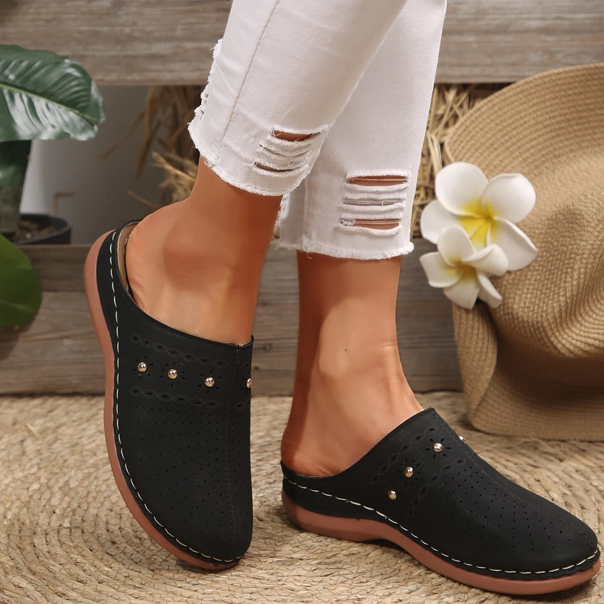 2026 New Fashion Women Slippers Summer Shoes Woman Split Leather Hollows Sandals Breathable Baotou Slippers Big Size 36-43