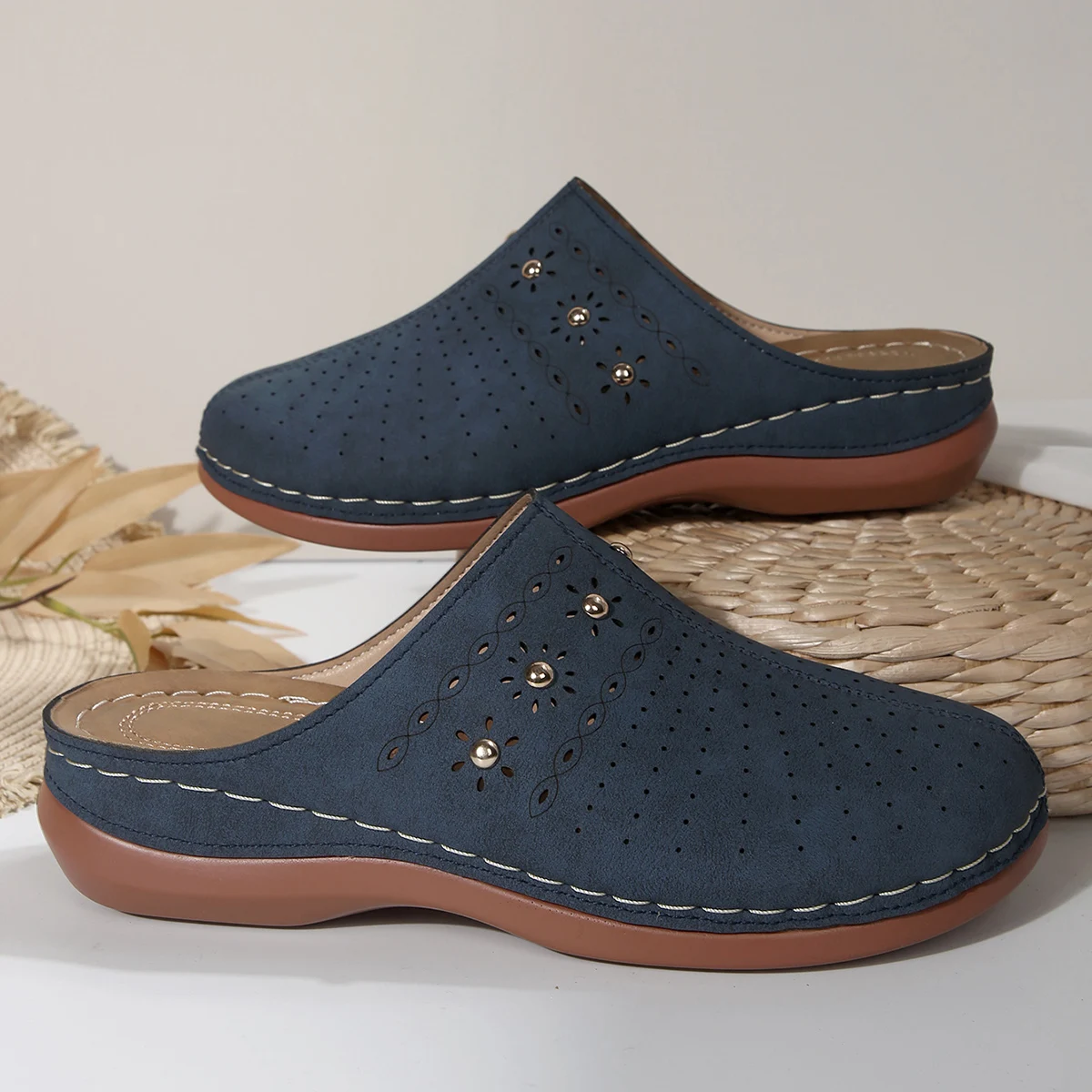 2026 New Fashion Women Slippers Summer Shoes Woman Split Leather Hollows Sandals Breathable Baotou Slippers Big Size 36-43